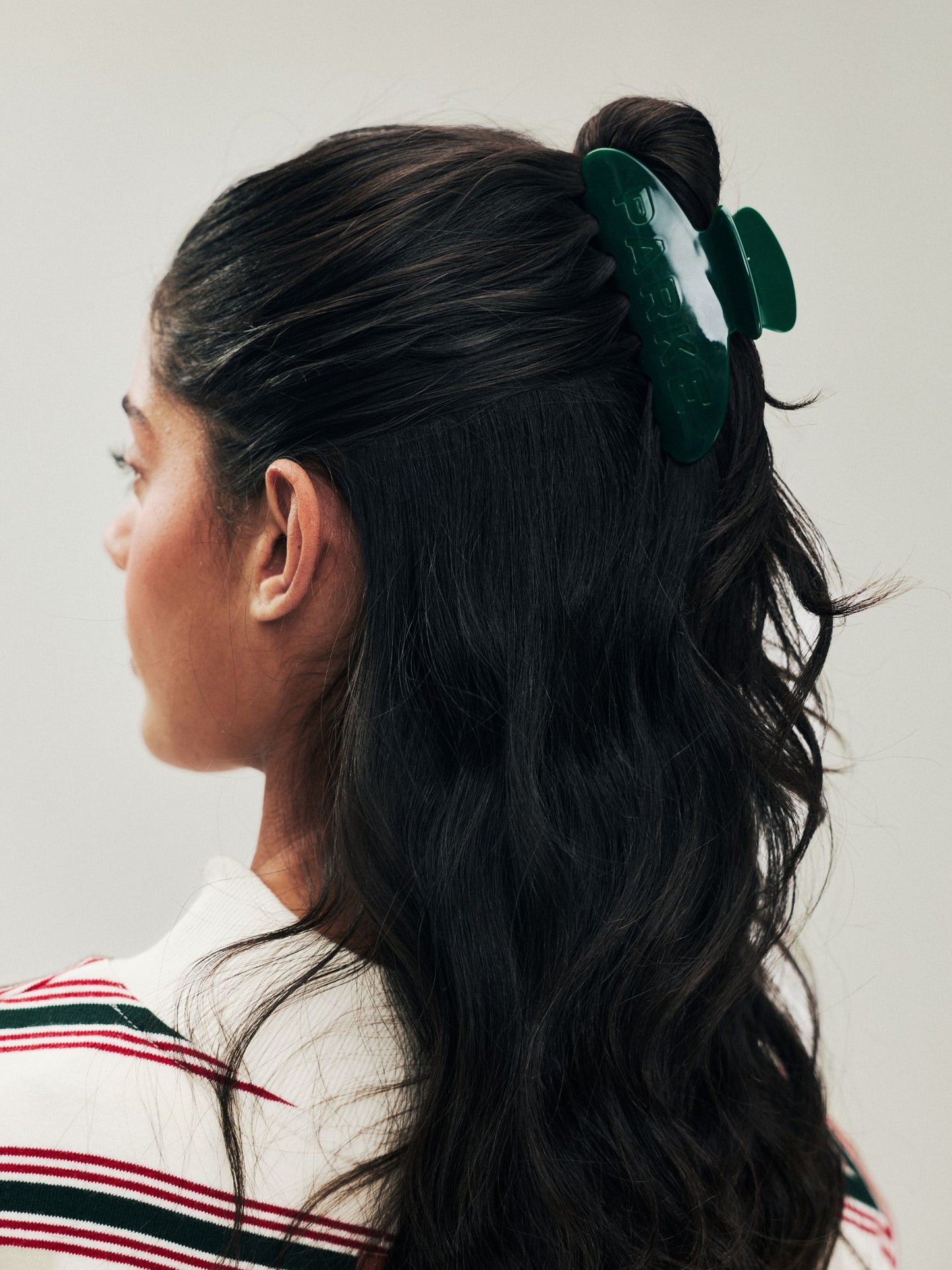 girl wearing Holiday Claw Clip -forest