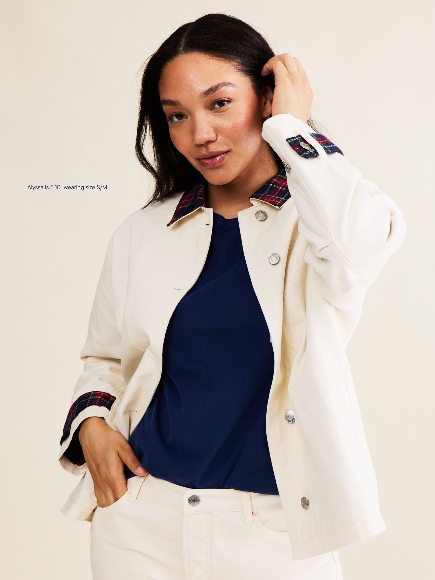 denim barn jacket -cream + plaid collar