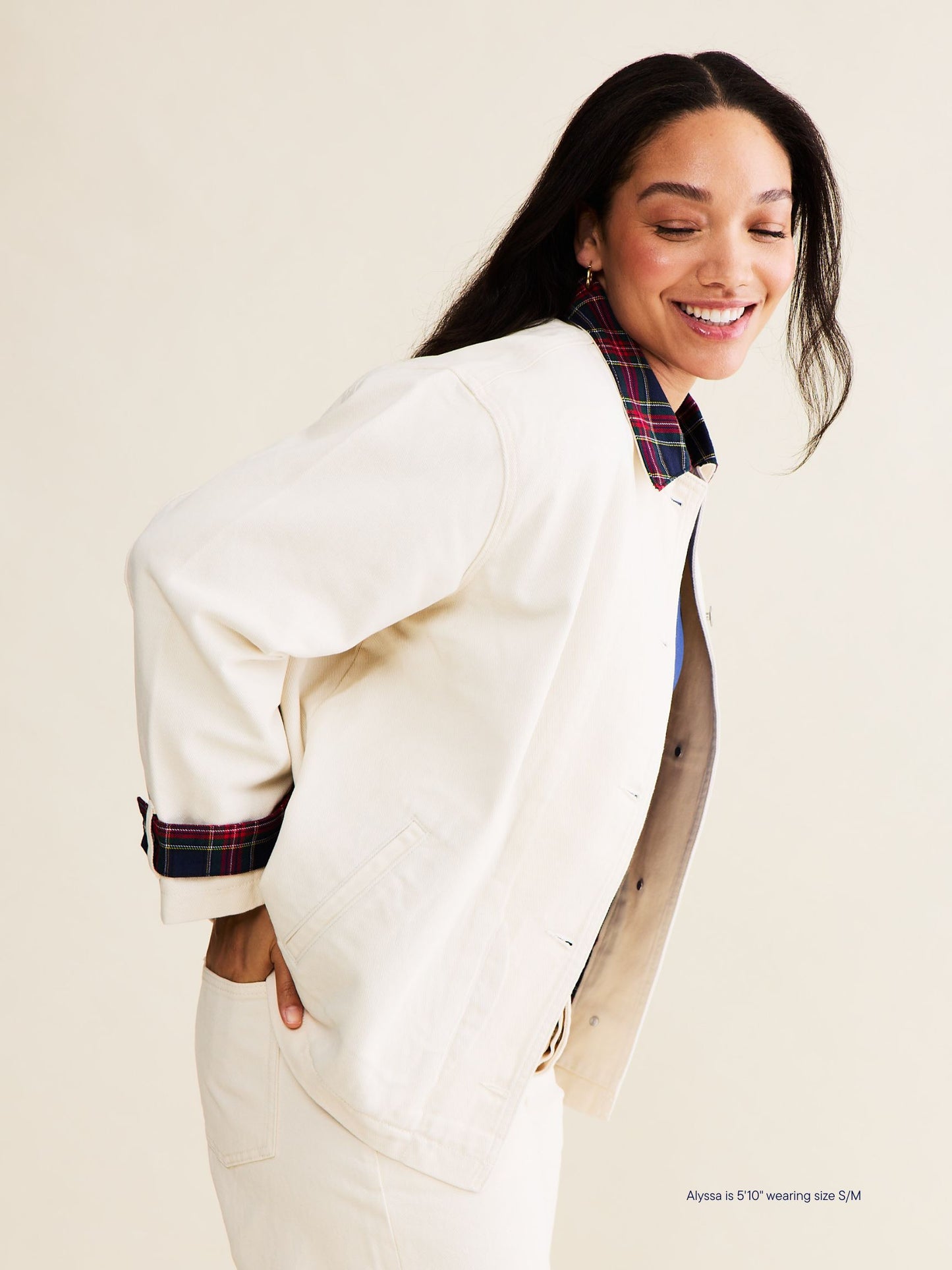 denim barn jacket -cream + plaid collar