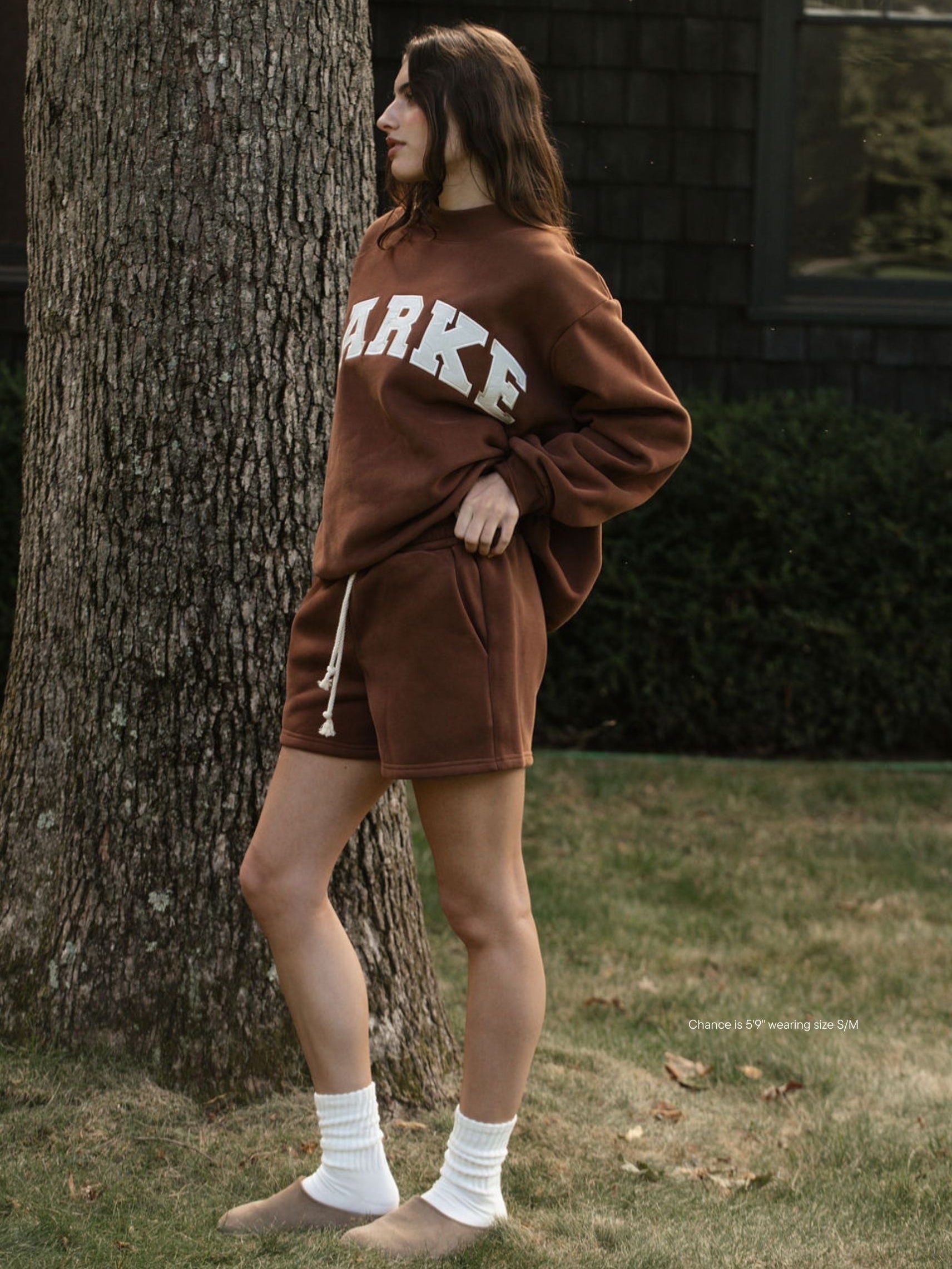 girl wearing Fleece Lounge Sweatshorts -mocha