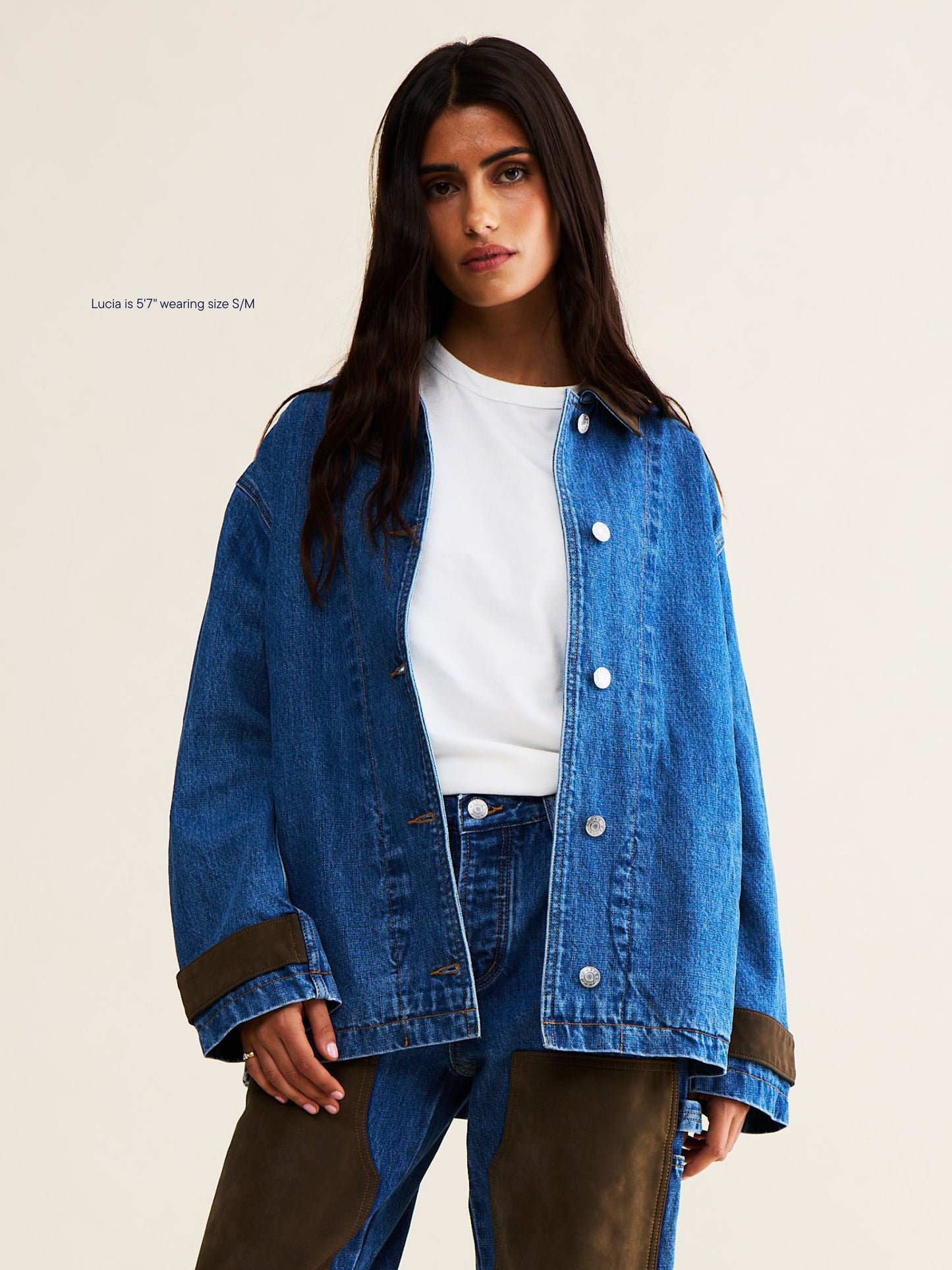 denim barn jacket -med wash + brown suede collar