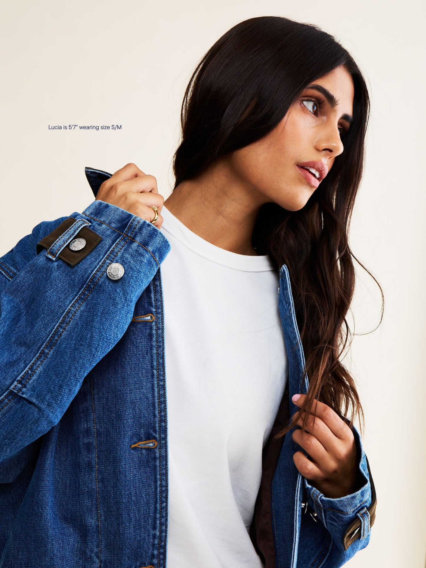 denim barn jacket -med wash + brown suede collar