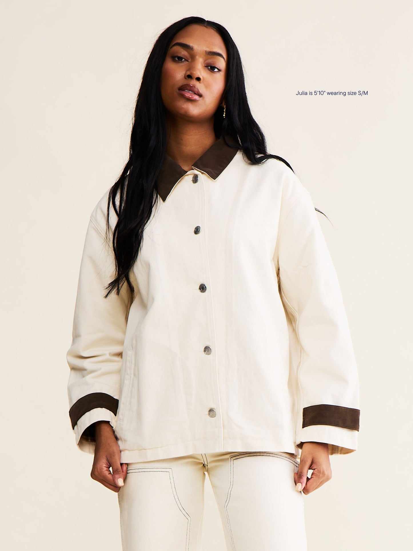 denim barn jacket -cream + brown suede collar