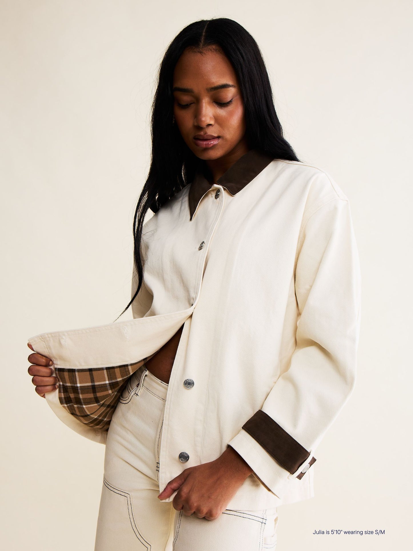 denim barn jacket -cream + brown suede collar