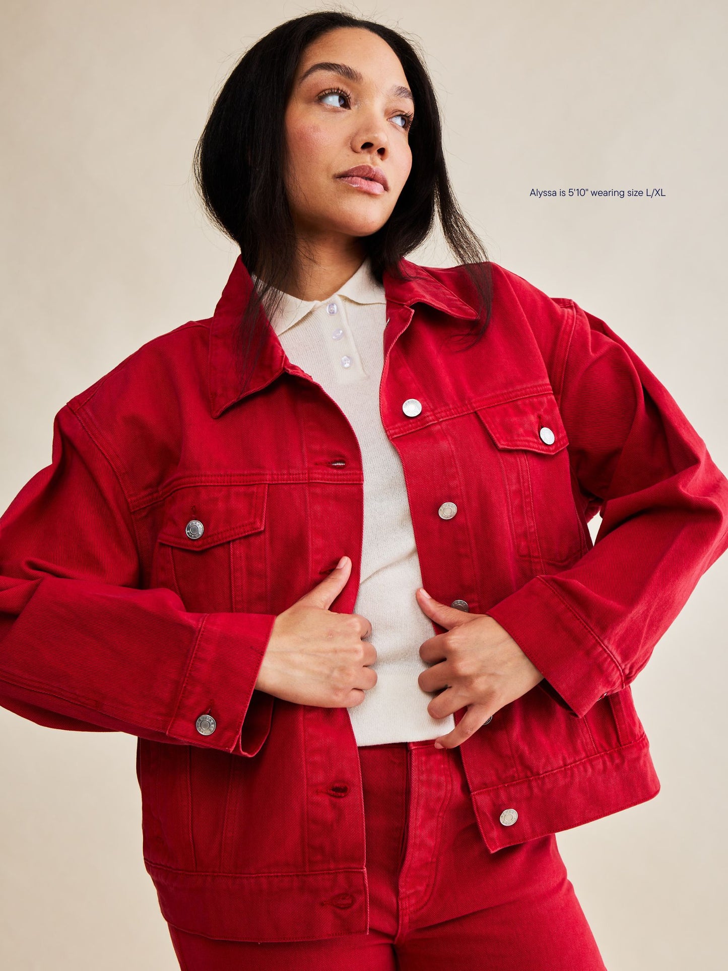 vintage wash girl wearing oversized denim jacket -washed red