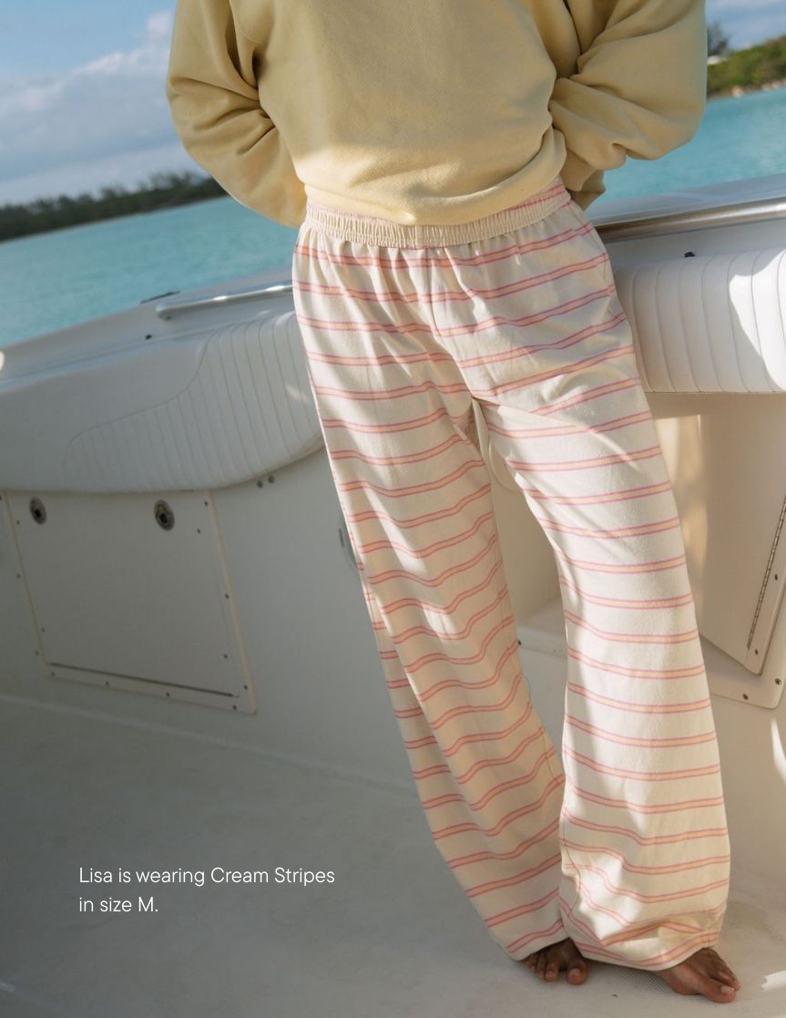 girl wearing cotton boxer pants -cream stripe