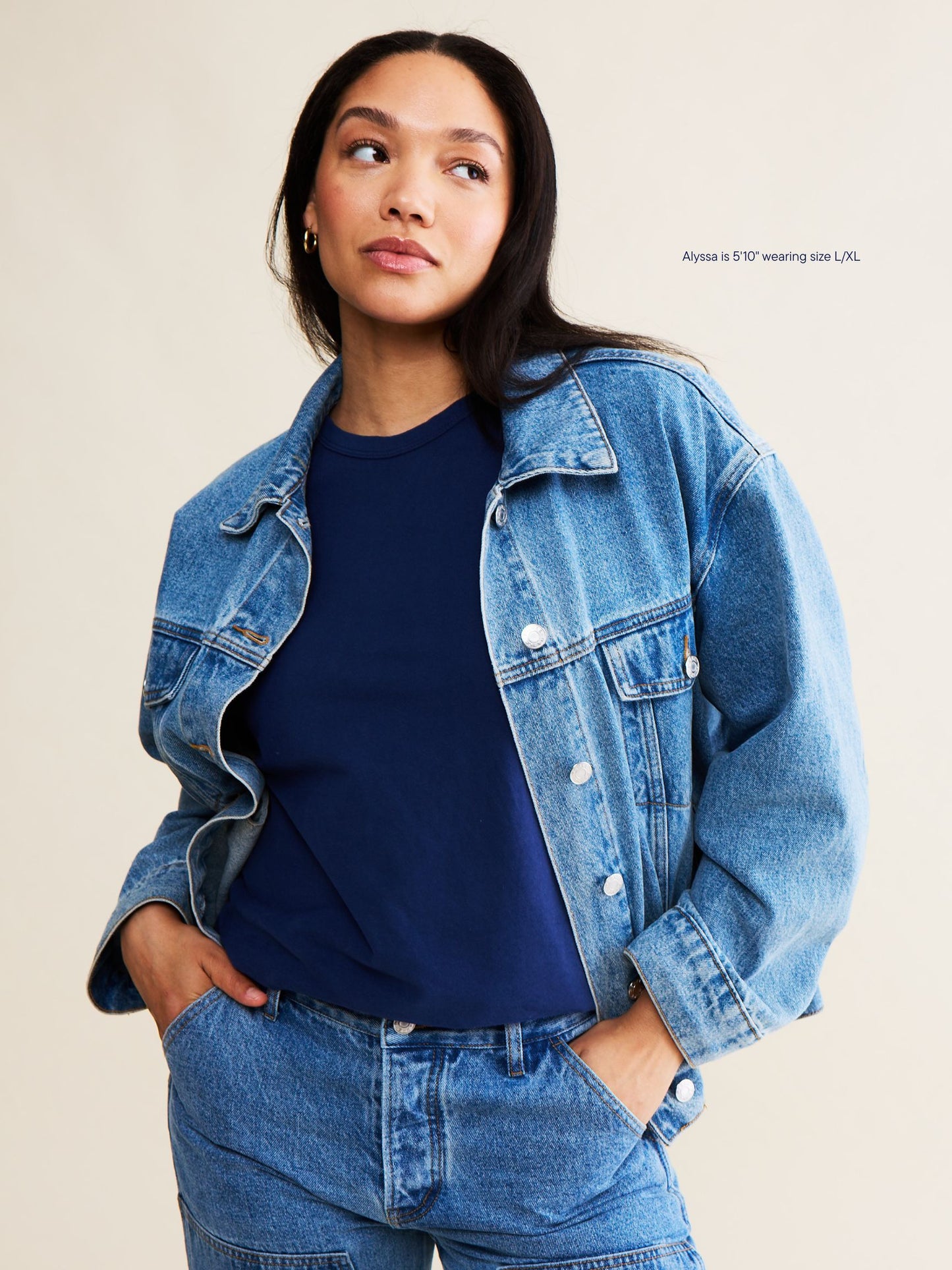 vintage wash girl wearing oversized denim jacket -vintage wash