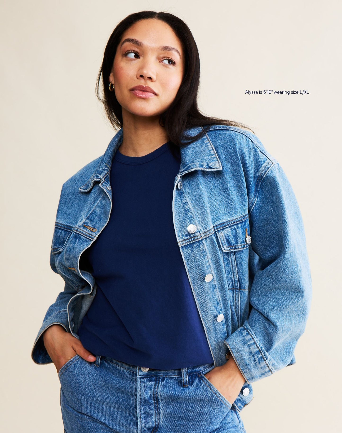 vintage wash girl wearing oversized denim jacket -vintage wash