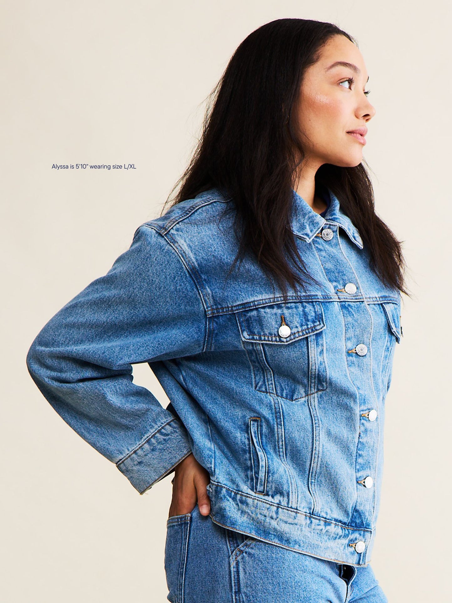 vintage wash girl wearing oversized denim jacket -vintage wash