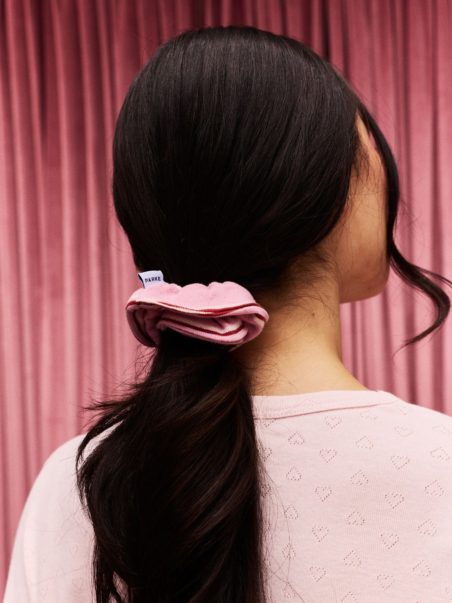 girl wearing Valentine's Striped Headband/Scrunchie Set -blush