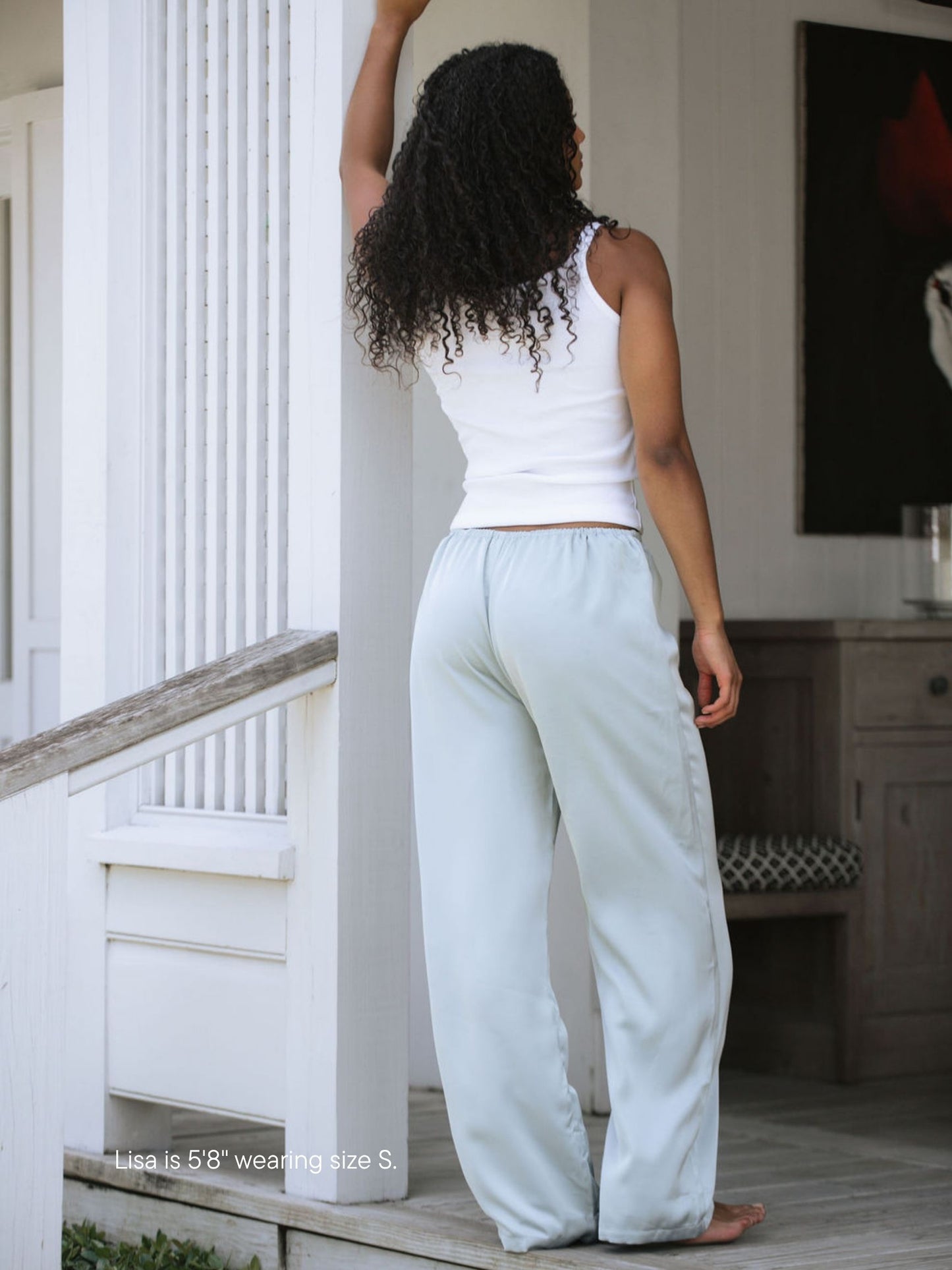 girl wearing satin pants -something blue