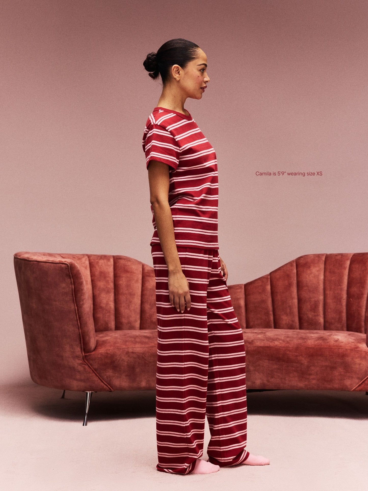 girl wearing Striped Cotton Boxer Pants -amour stripe