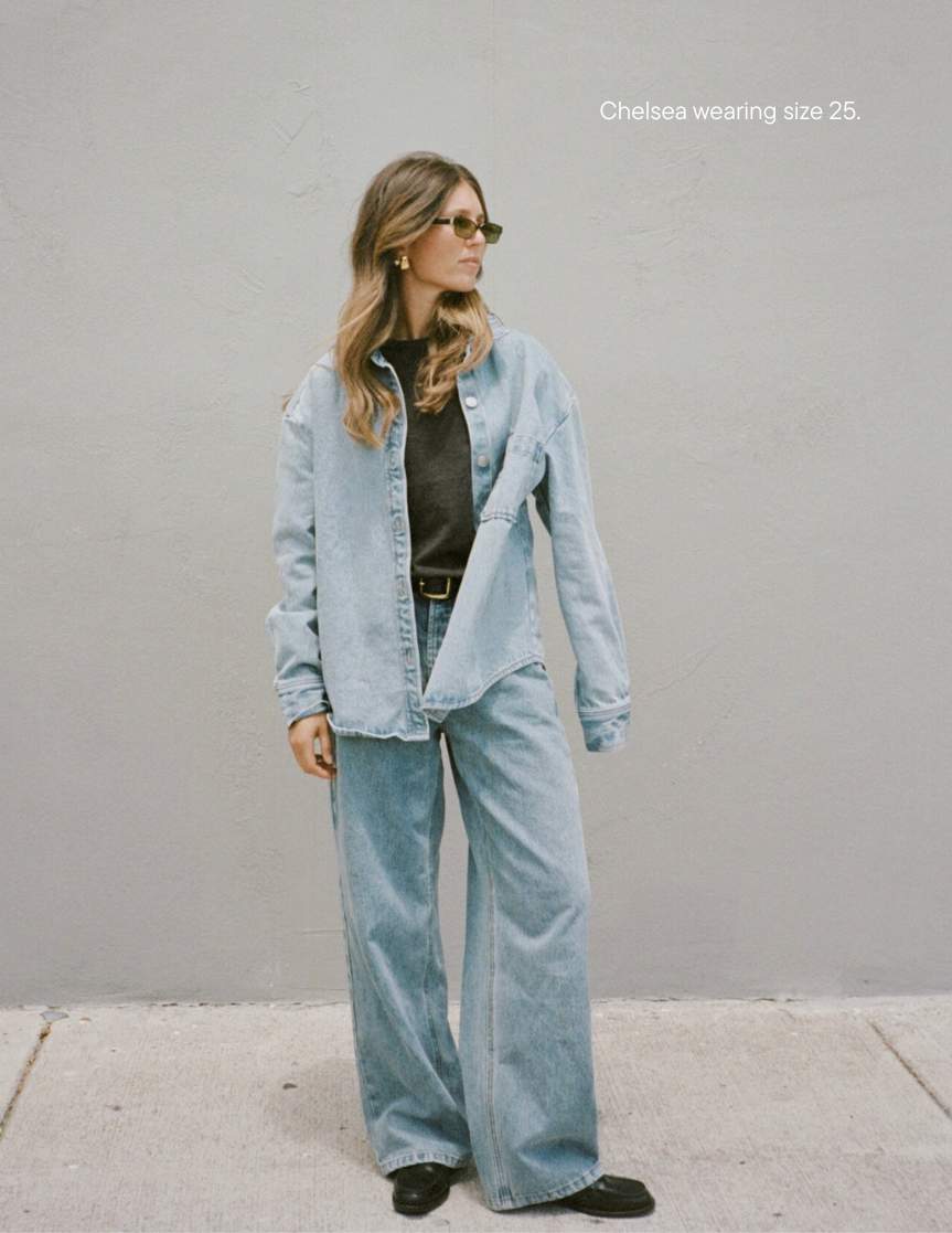 girl wearing aureum x parke wide leg jean -vintage wash