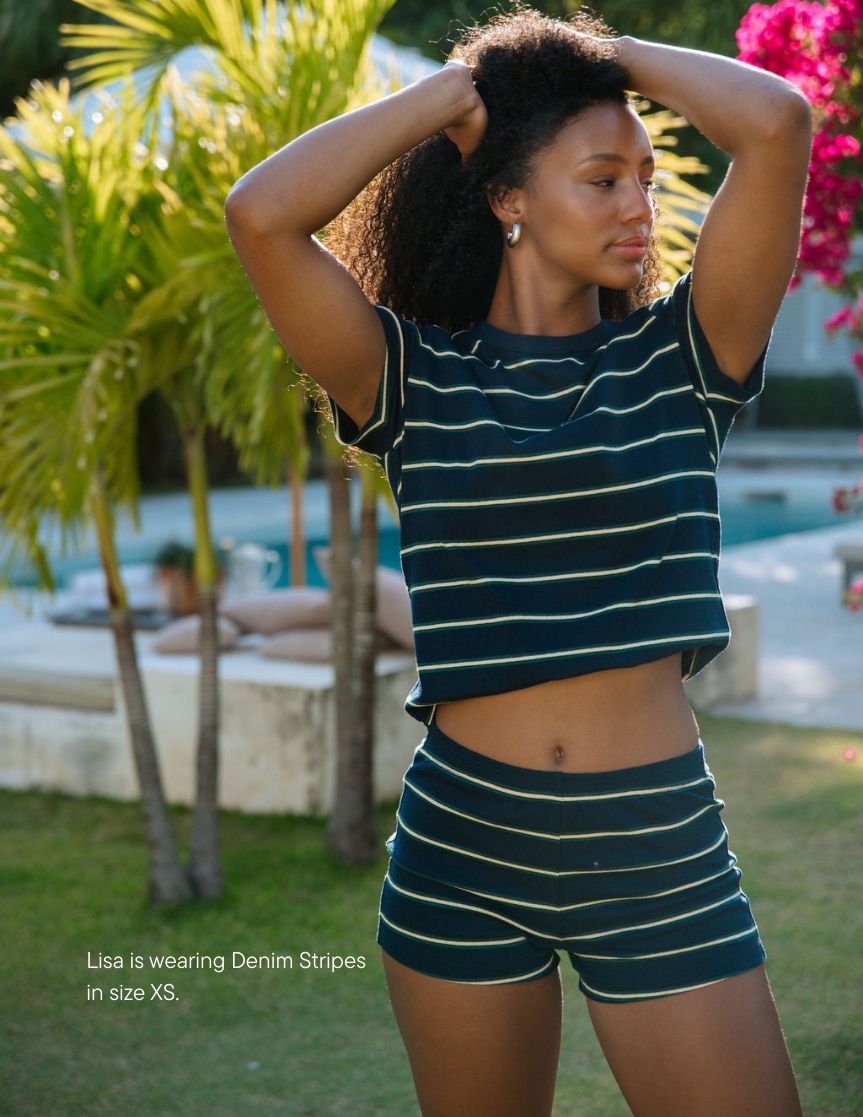 girl wearing striped tee -denim stripe
