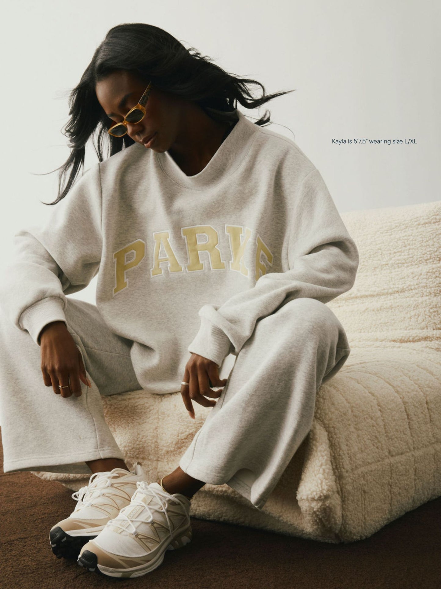 girl wearing Varsity Mockneck -classic grey + peel