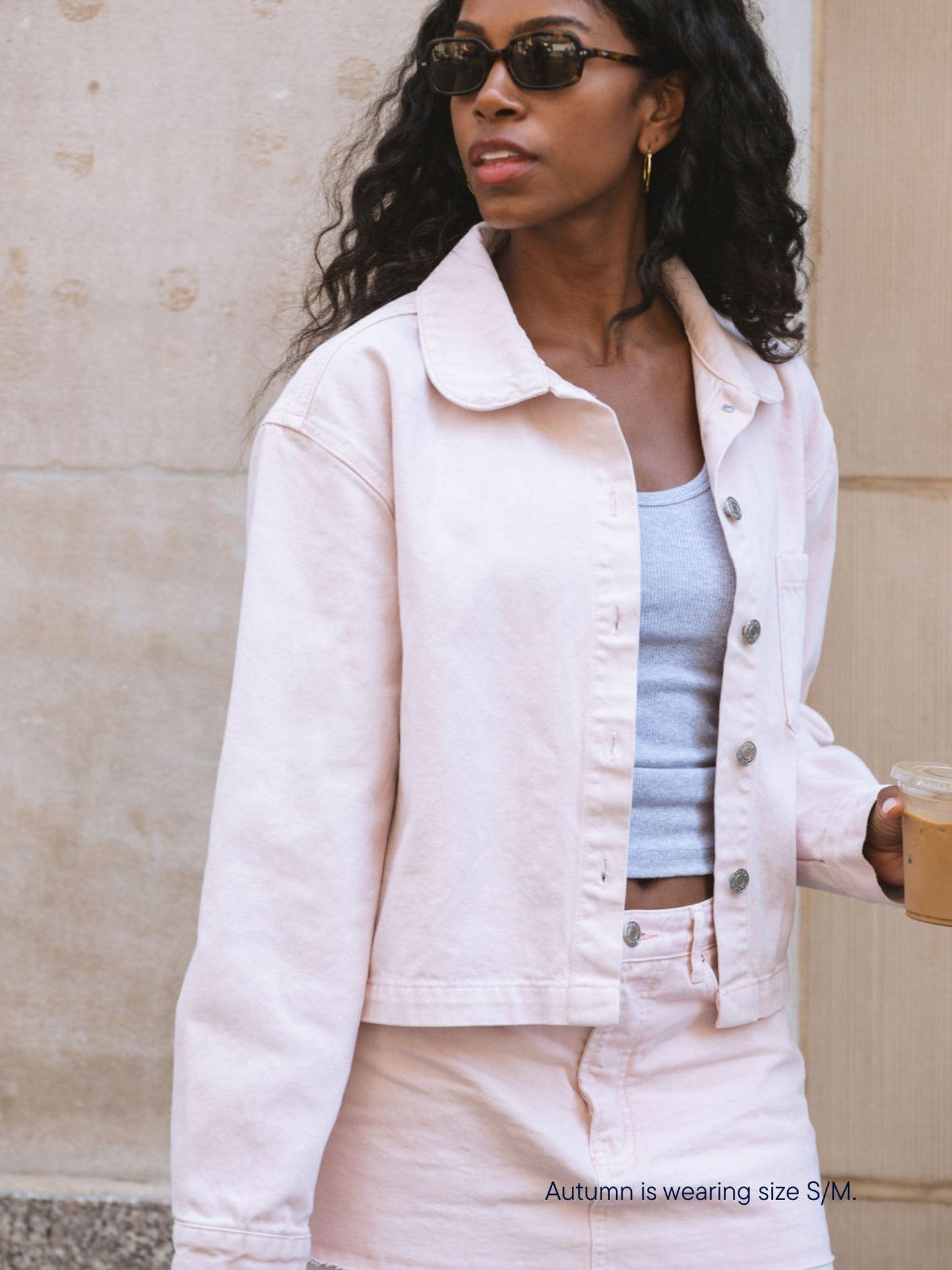 girl wearing parke x scl round collar denim cropped long sleeve -petal