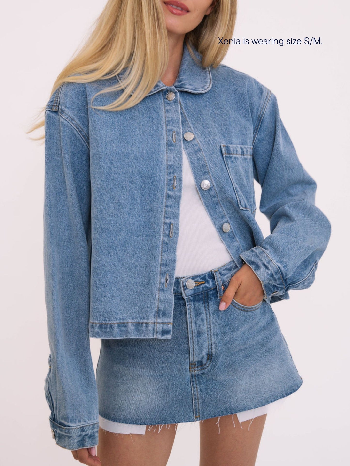 girl wearing parke x scl round collar denim cropped long sleeve -vintage wash
