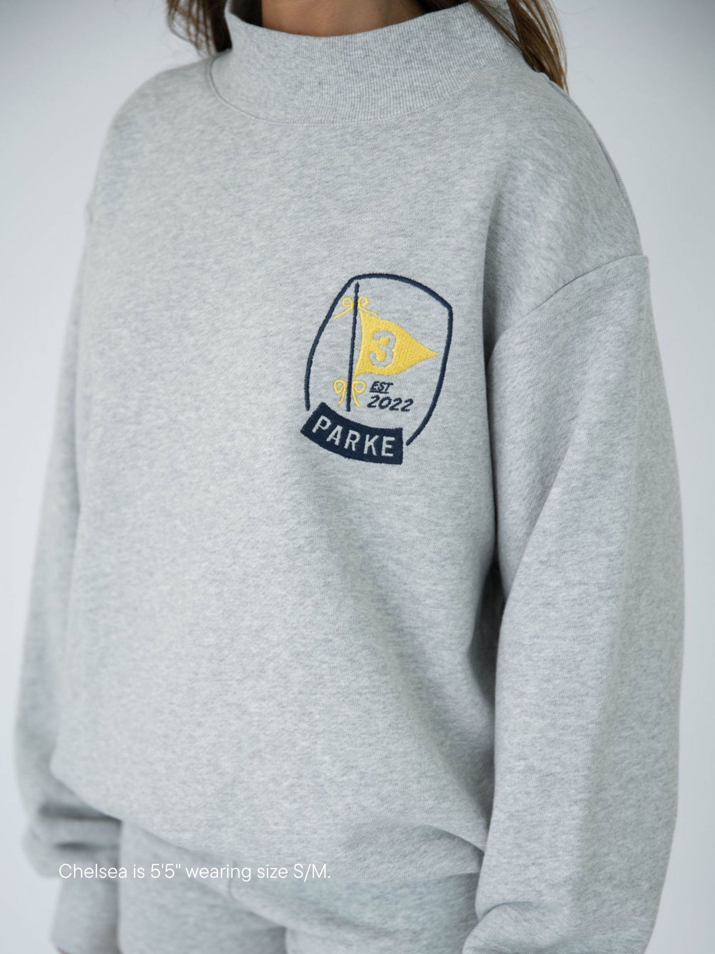 embroidered birthday mockneck -classic grey