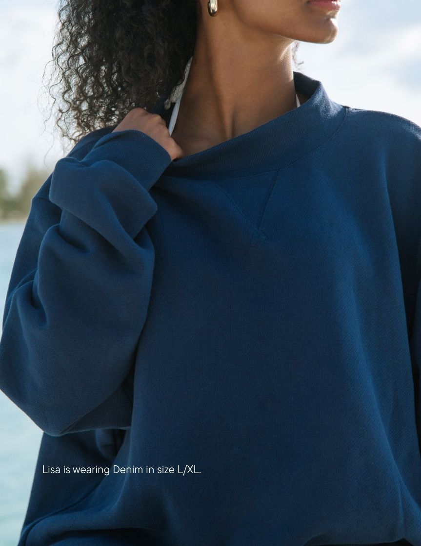 girl wearing heritage classic mockneck -denim