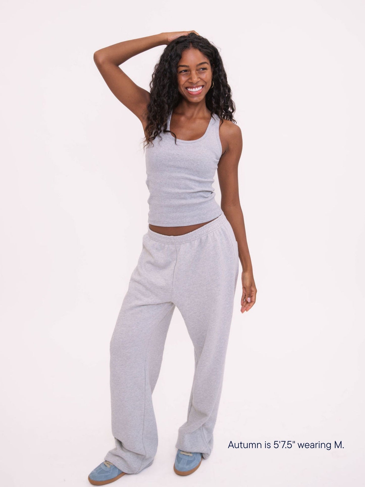 girl wearing parke x scl boxer sweatpant -heather grey