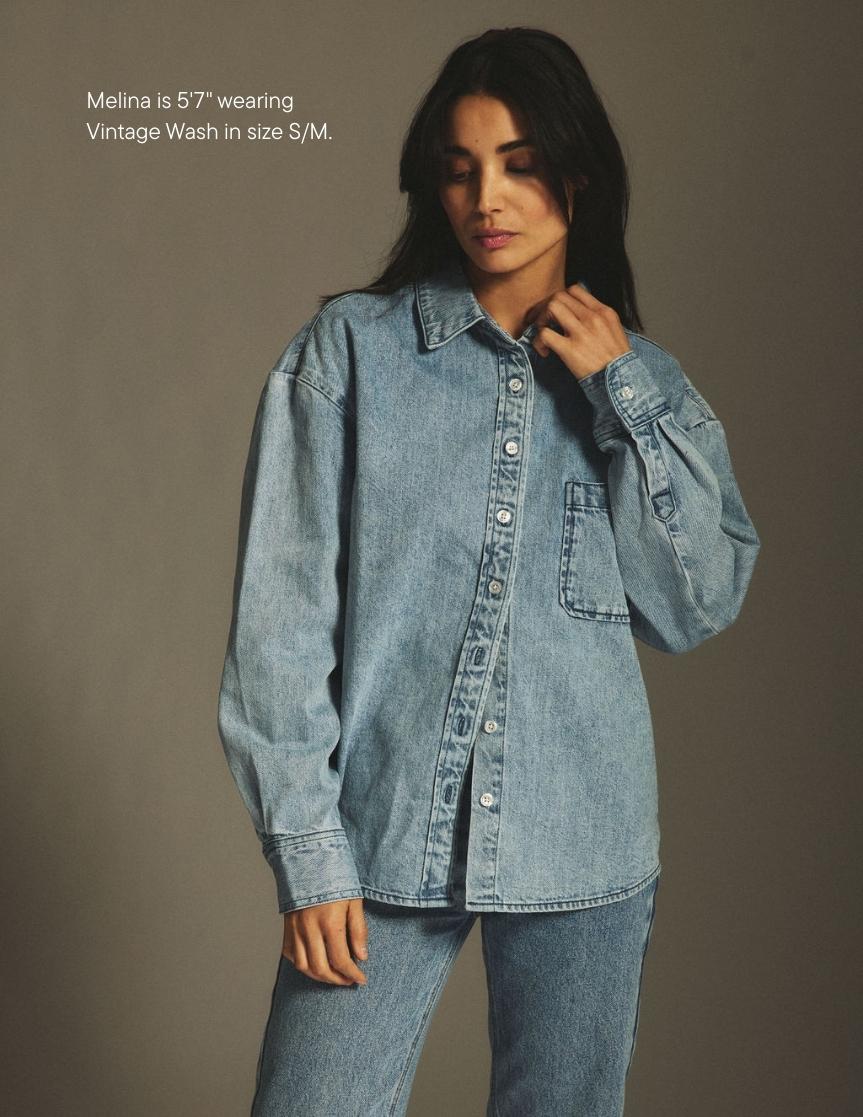 girl wearing long sleeve denim shirt -vintage wash