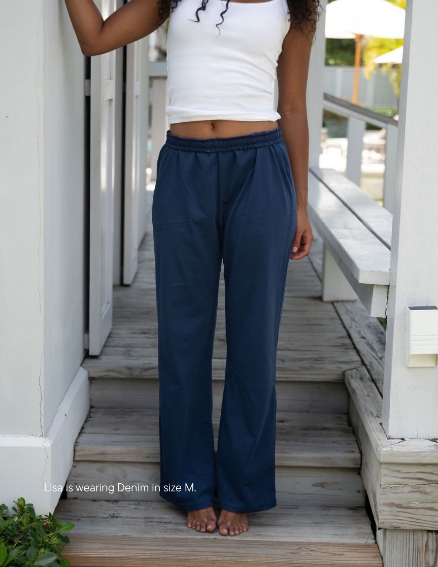 girl wearing cotton boxer pants -denim