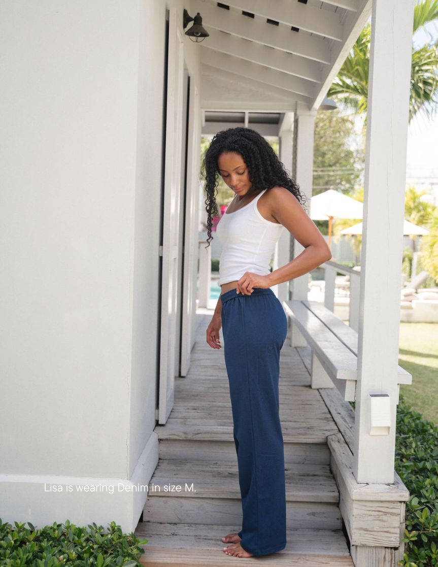 girl wearing cotton boxer pants -denim