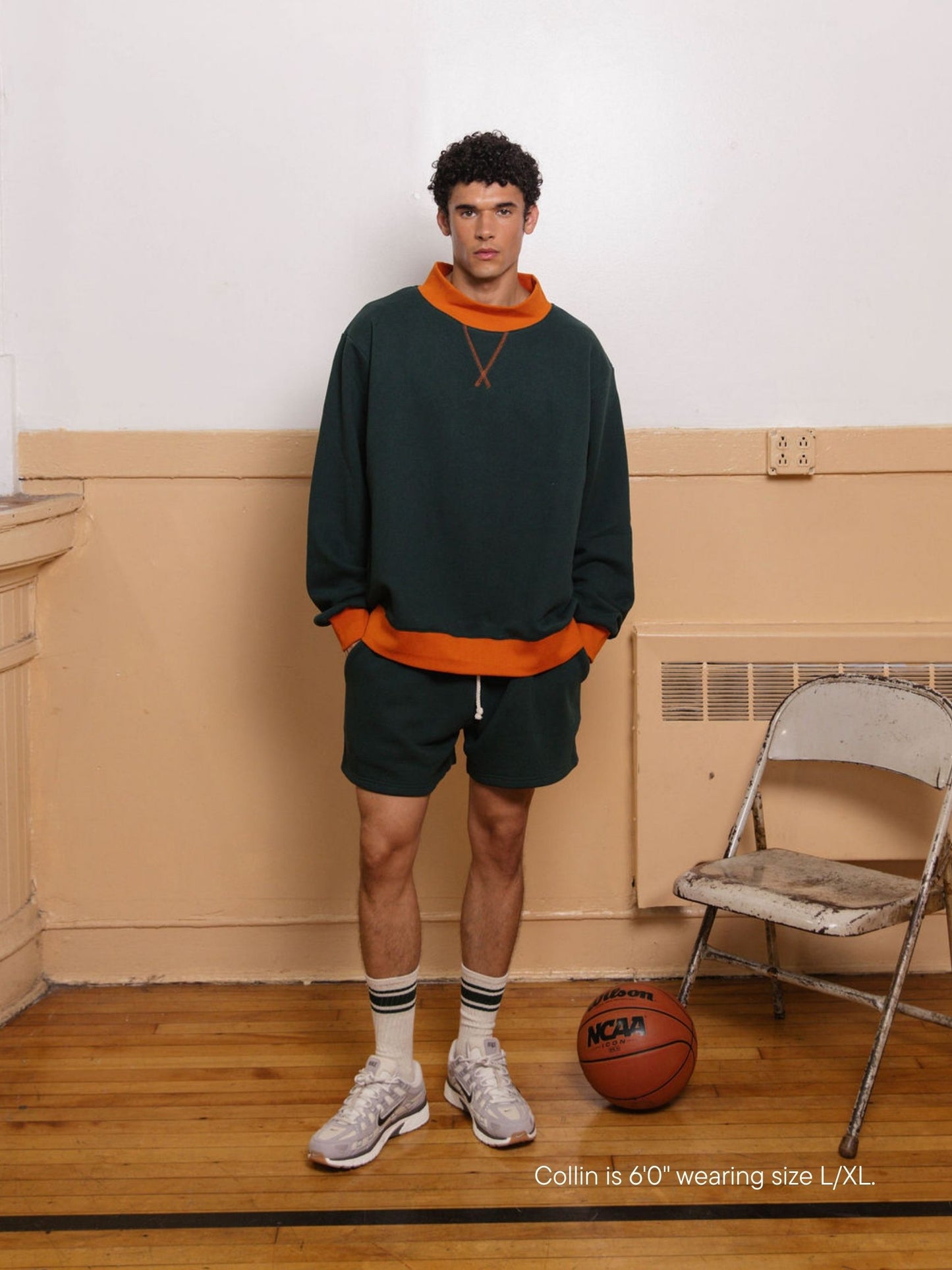 boy wearing two tone classic mockneck -forest + amber