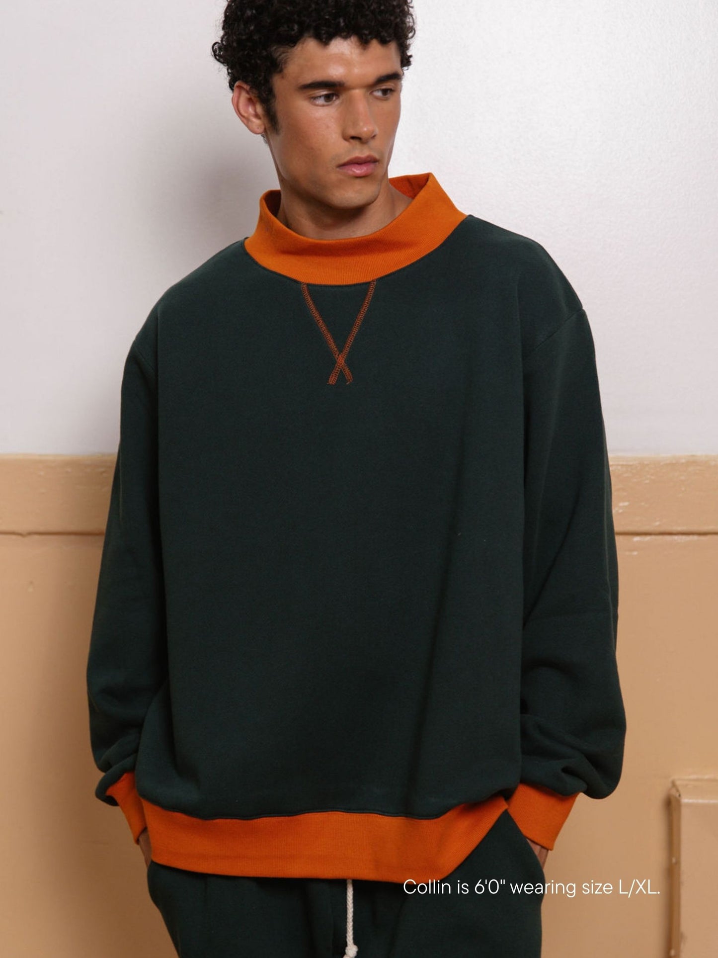 boy wearing two tone classic mockneck -forest + amber