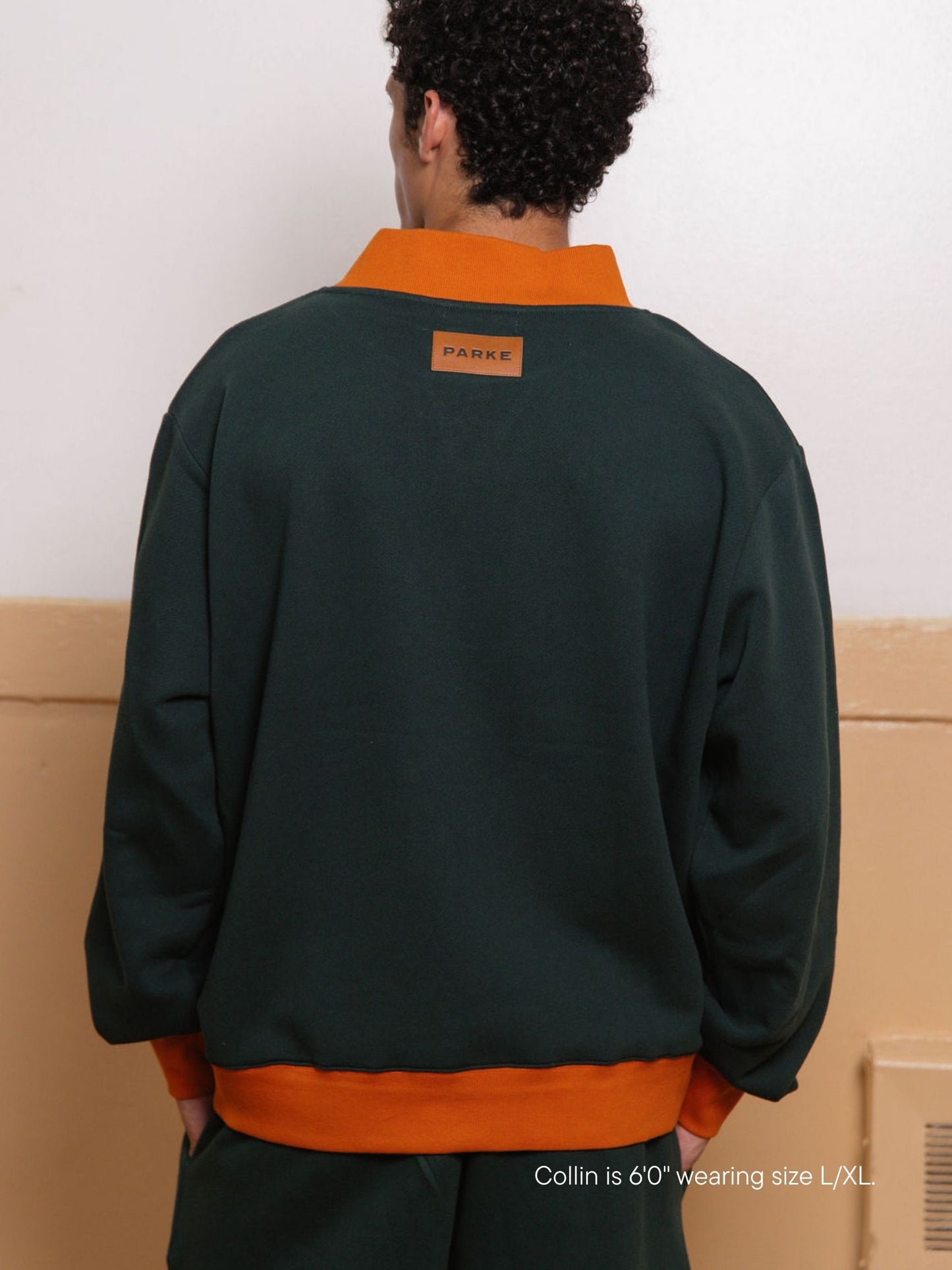 boy wearing two tone classic mockneck -forest + amber