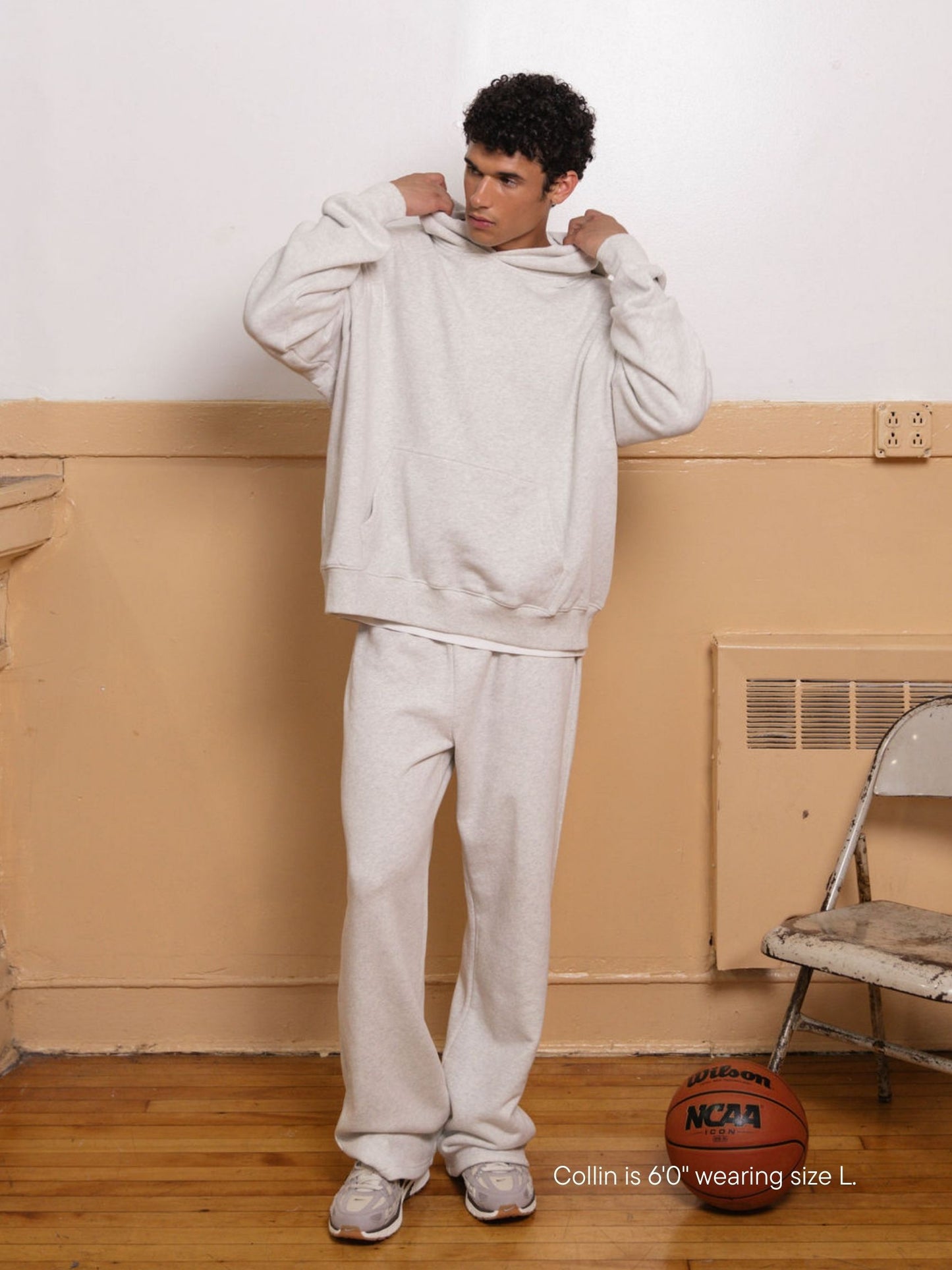 boy wearing boxer sweatpants -heather grey