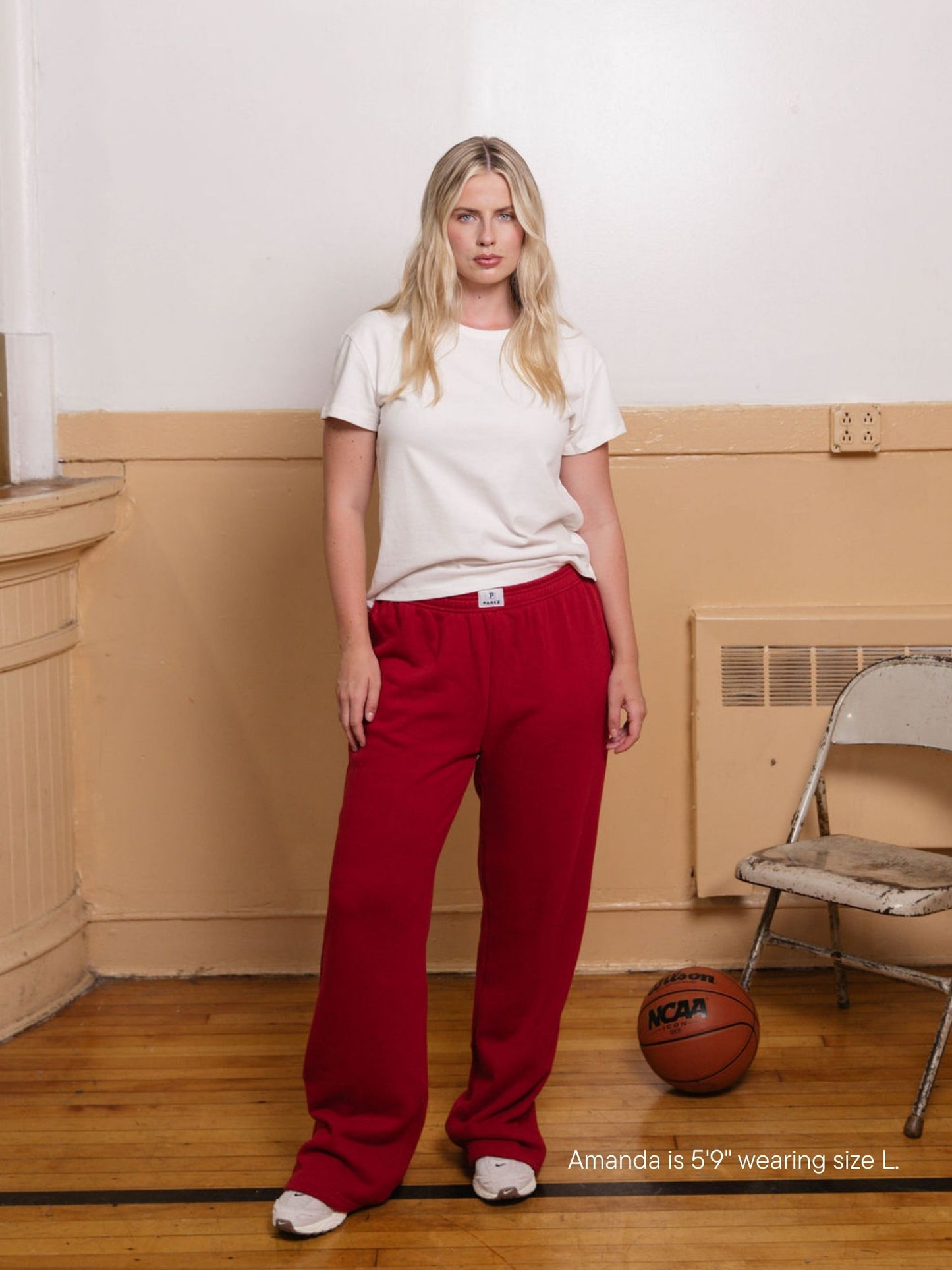 girl wearing boxer sweatpants -crimson