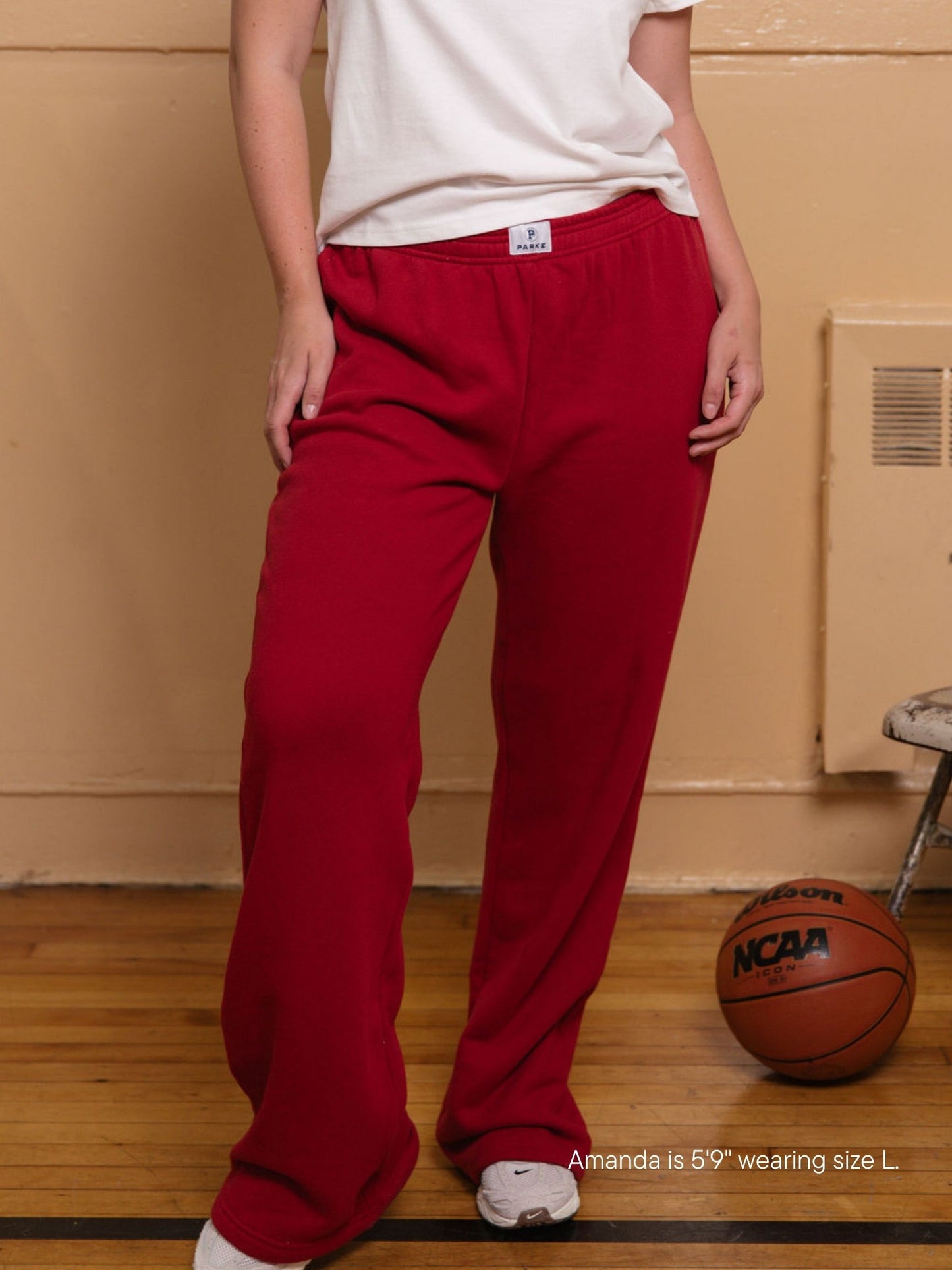 girl wearing boxer sweatpants -crimson