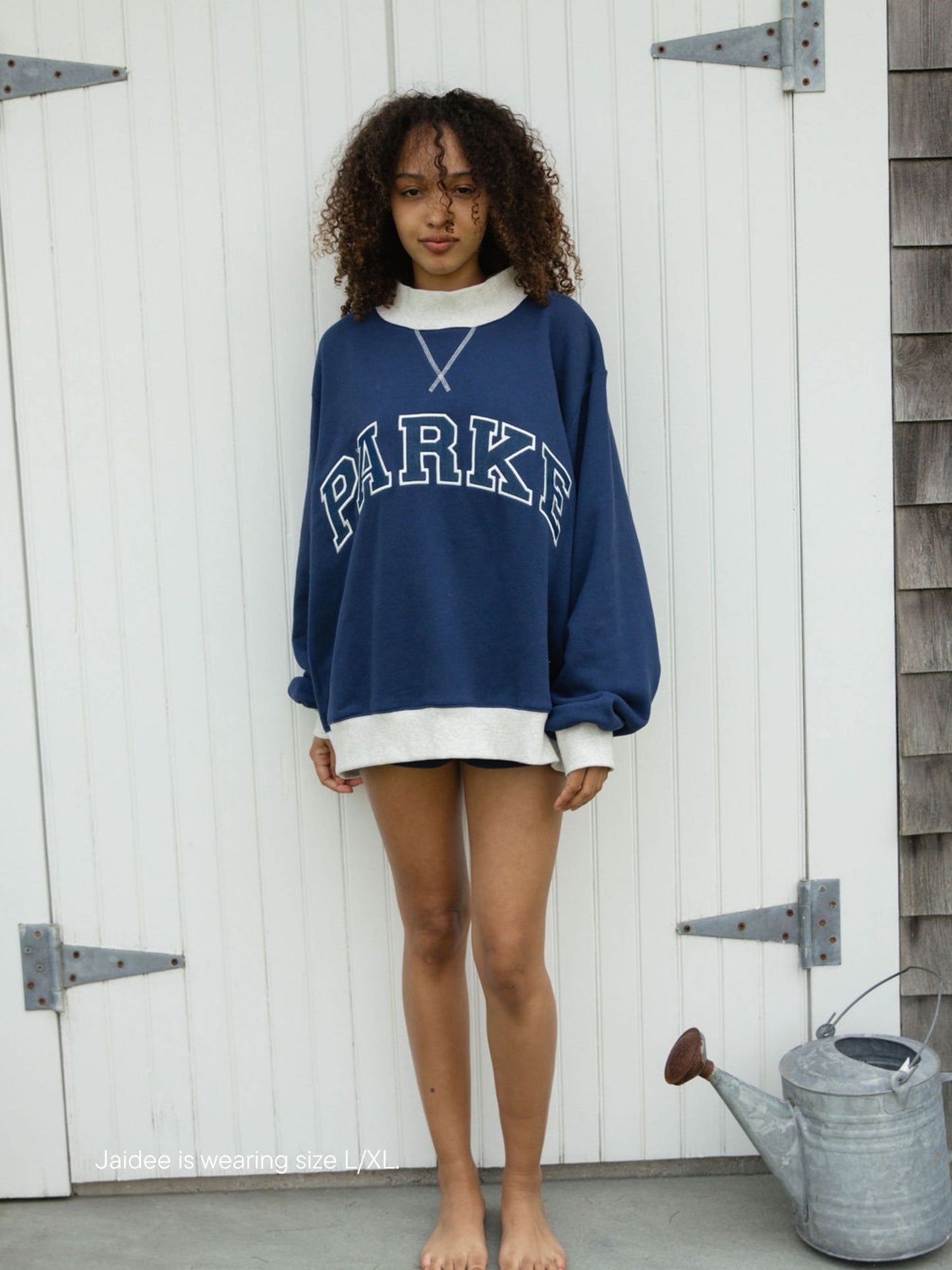 dtwo tone varsity mockneck -denim