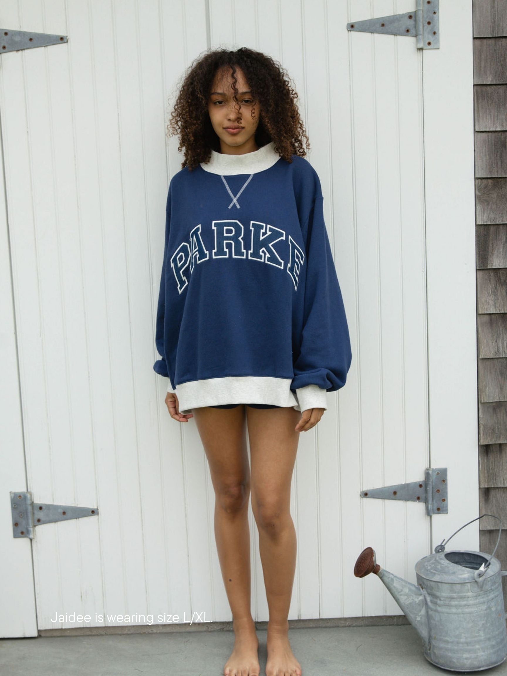 dtwo tone varsity mockneck -denim