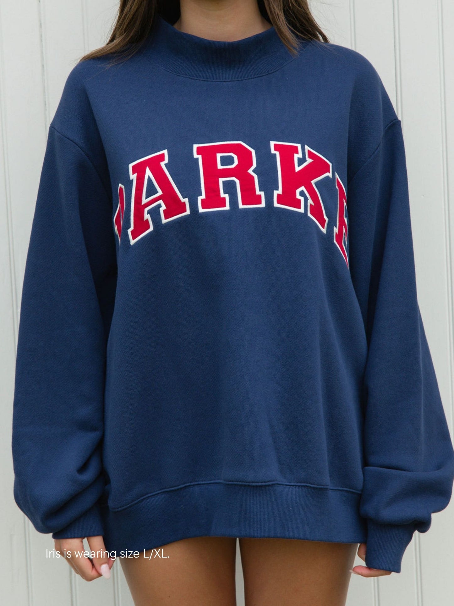 coastal varsity mockneck -denim + firecracker