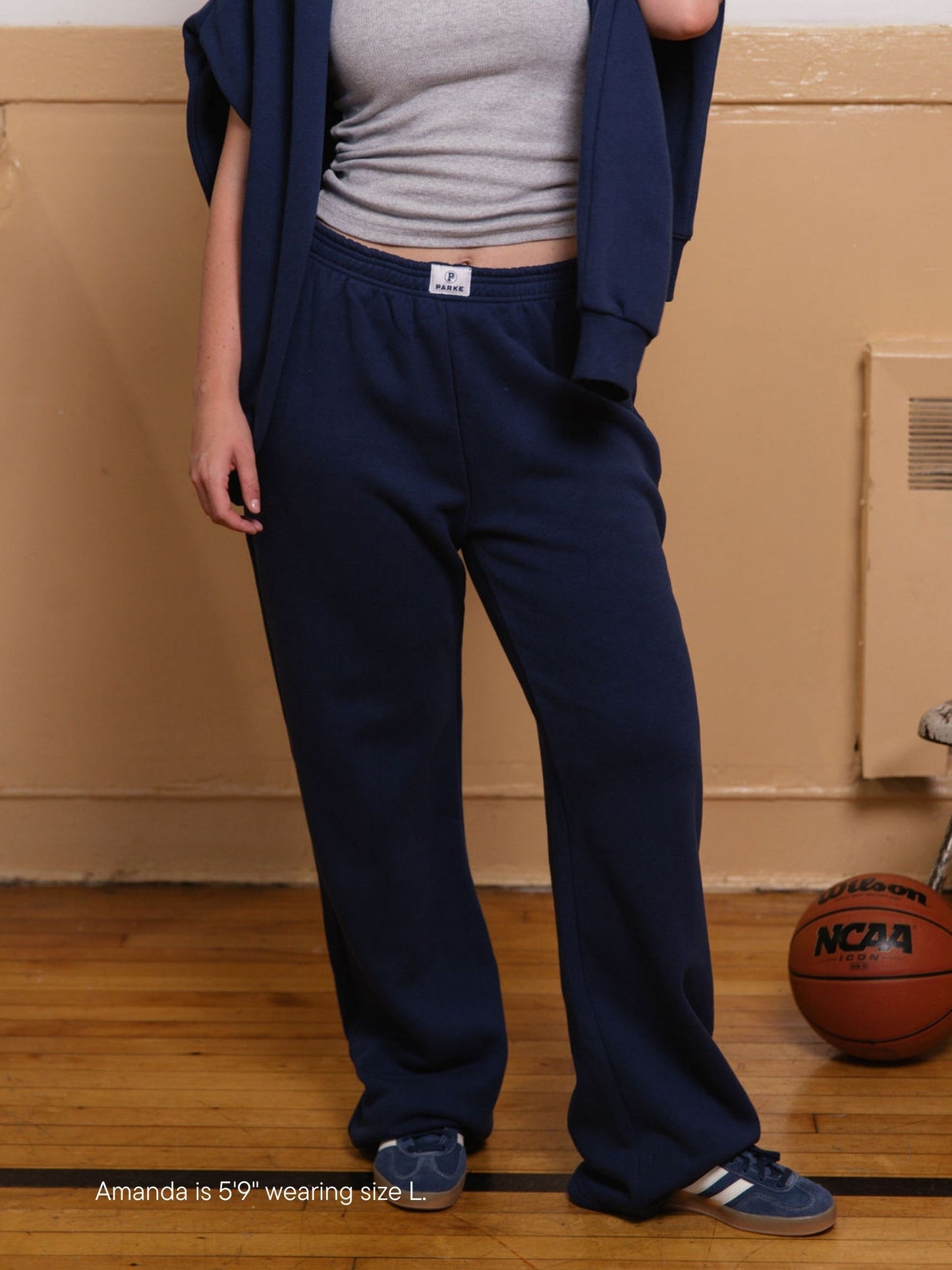girl wearing boxer sweatpants -denim
