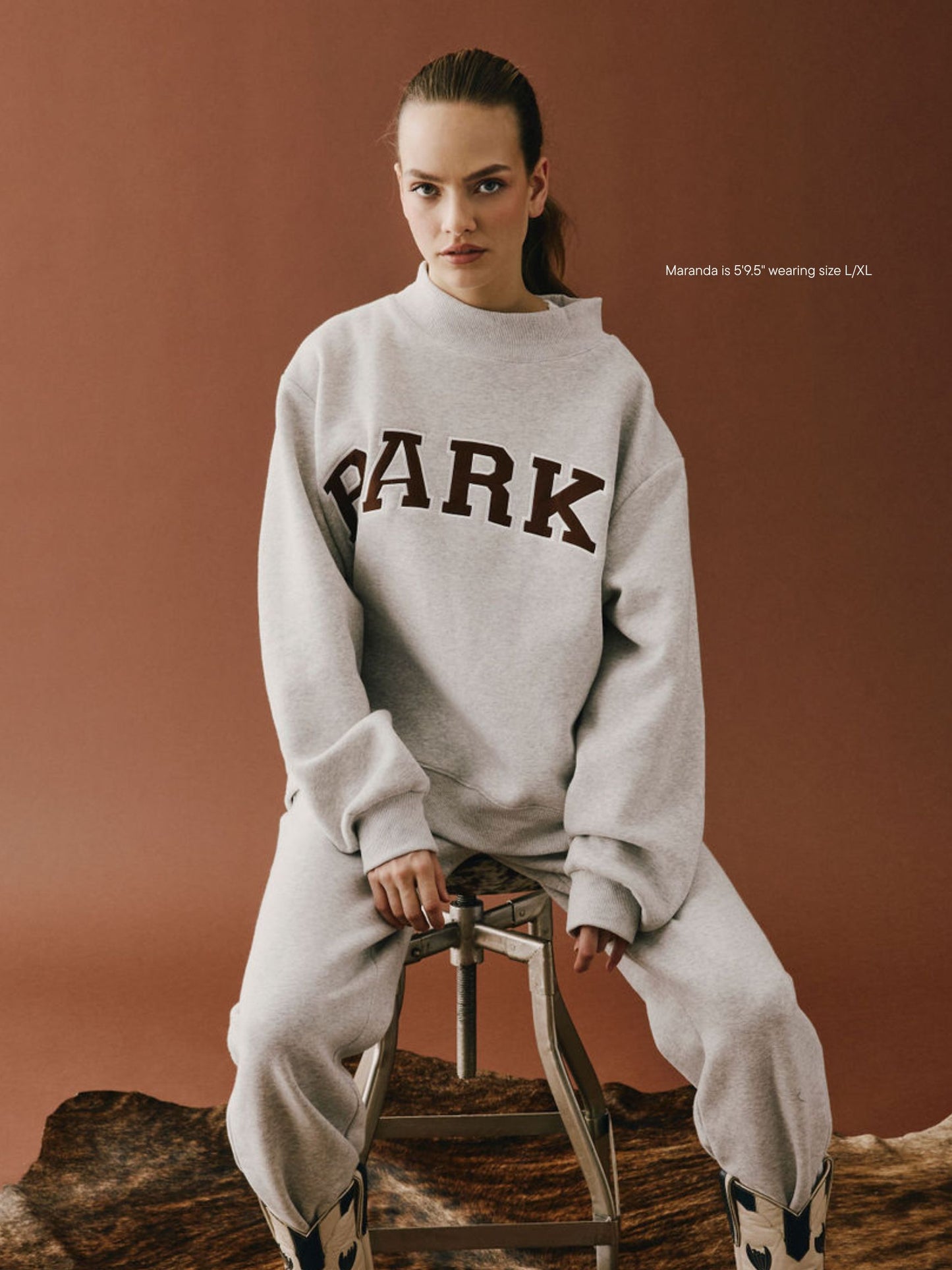 girl wearing Varsity Mockneck -classic grey + cowboy