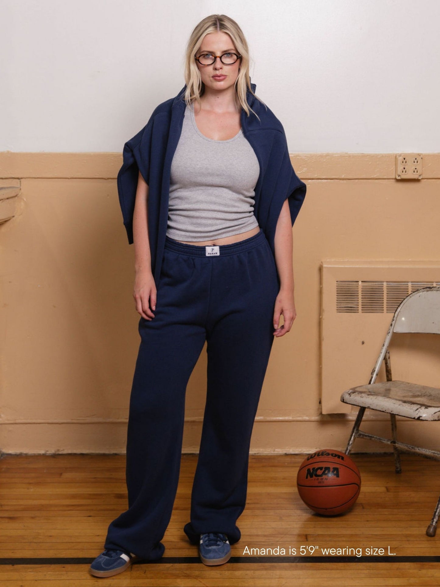 girl wearing boxer sweatpants -denim
