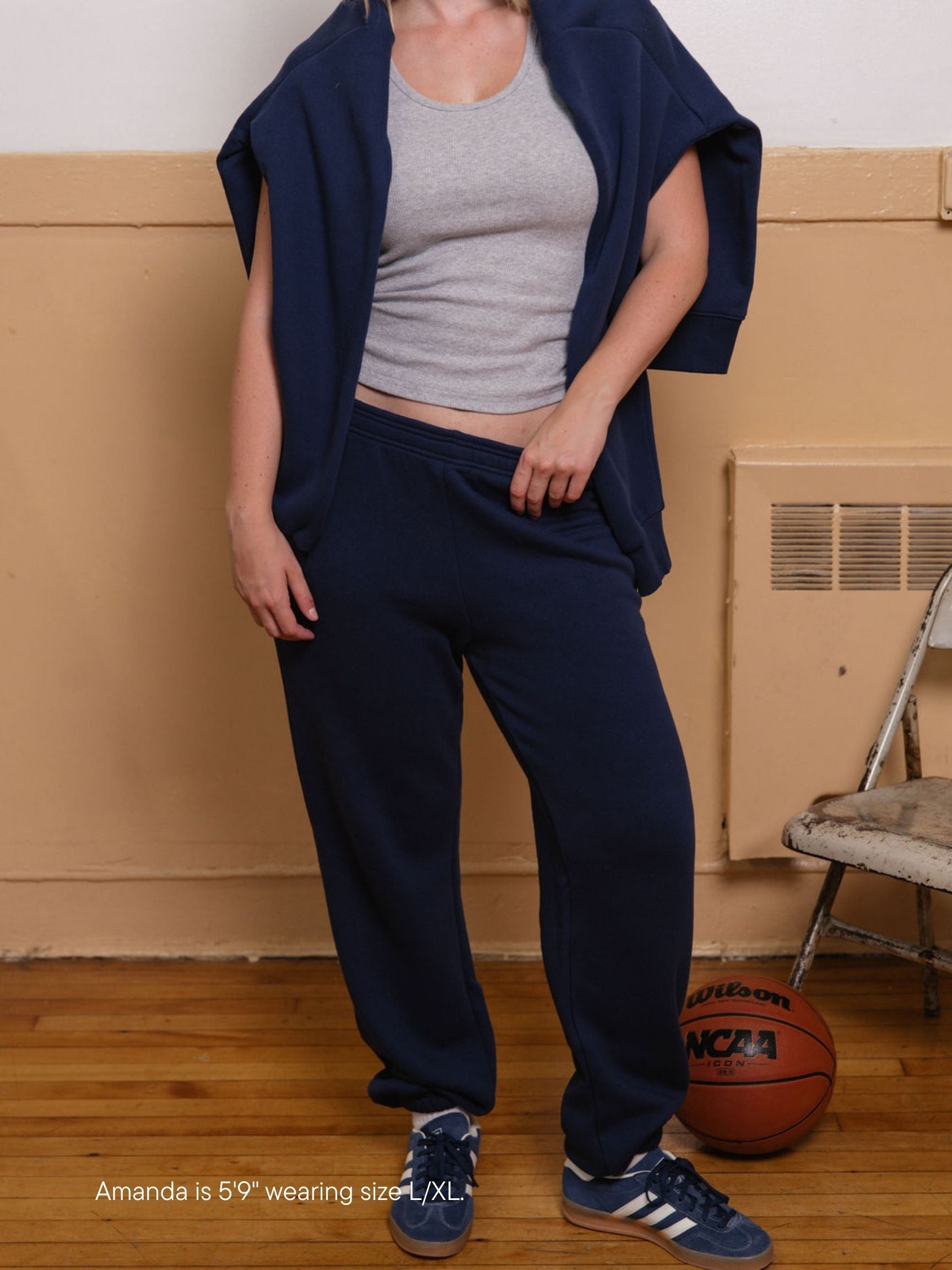 girl wearing unisex sweats -denim