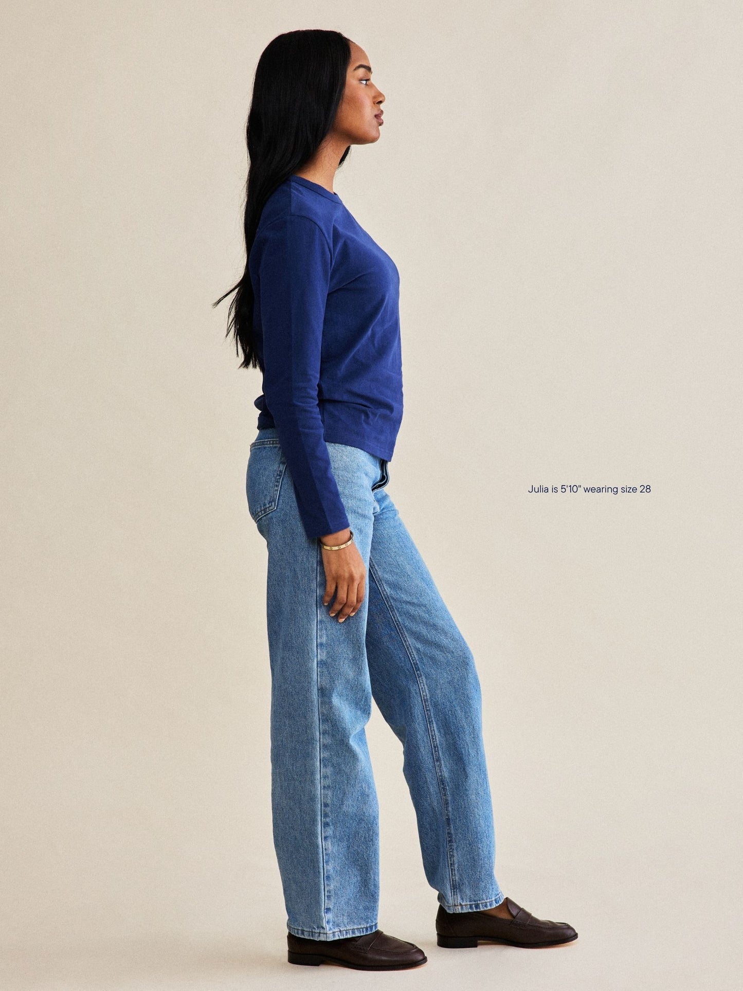 girl wearing classic straight jean -vintage wash