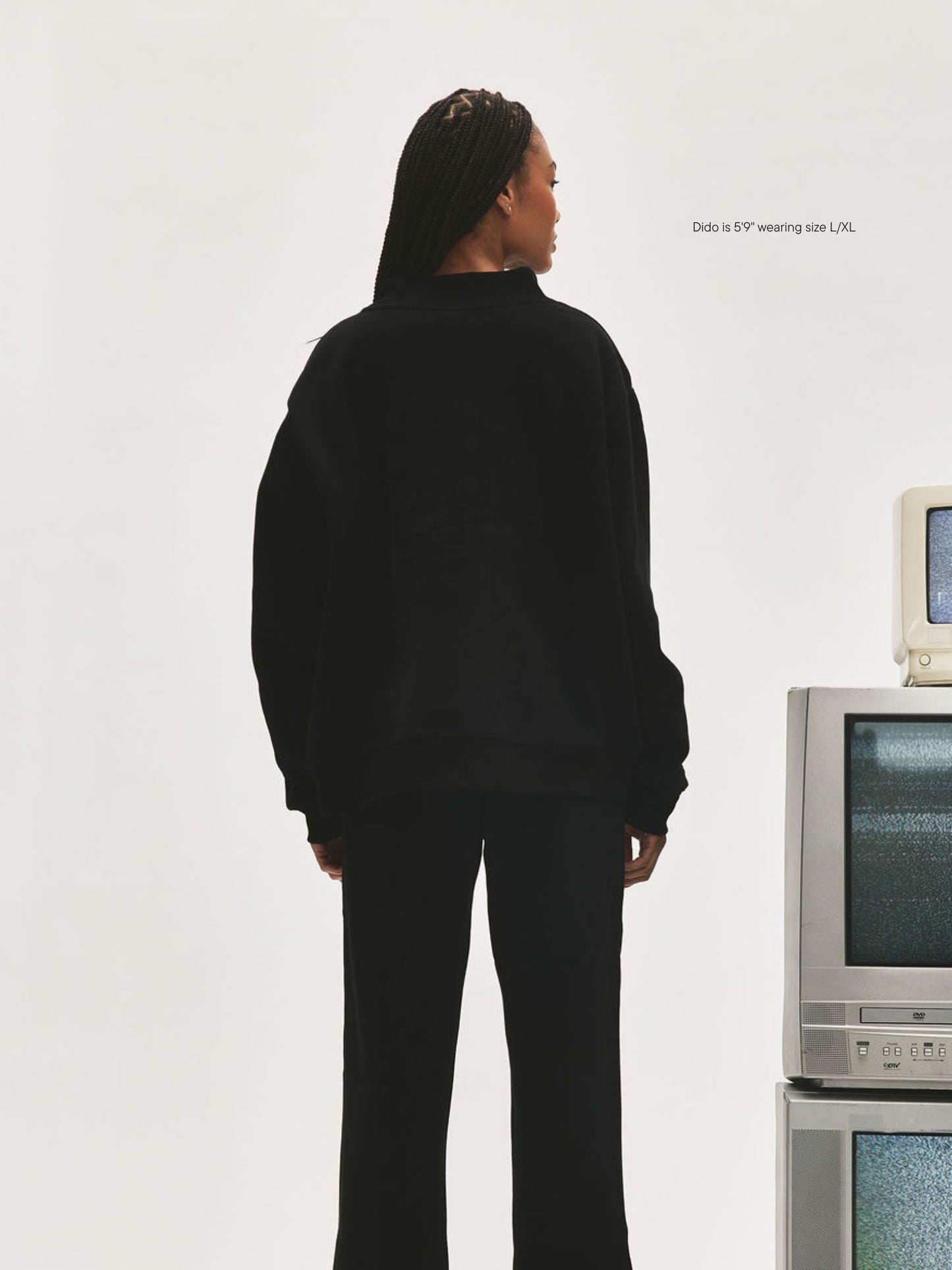 girl wearing Nostalgia Varsity Mockneck -black + white (black thread)