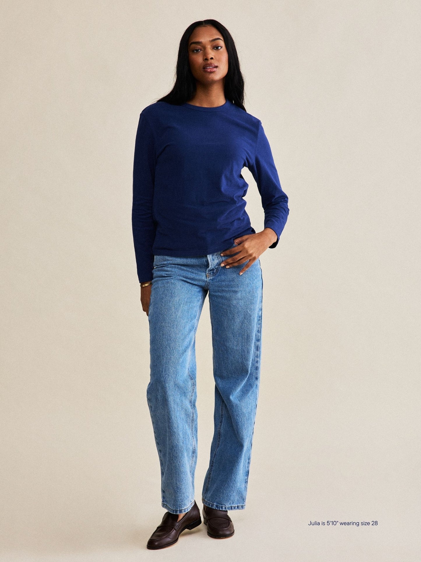 girl wearing classic straight jean -vintage wash