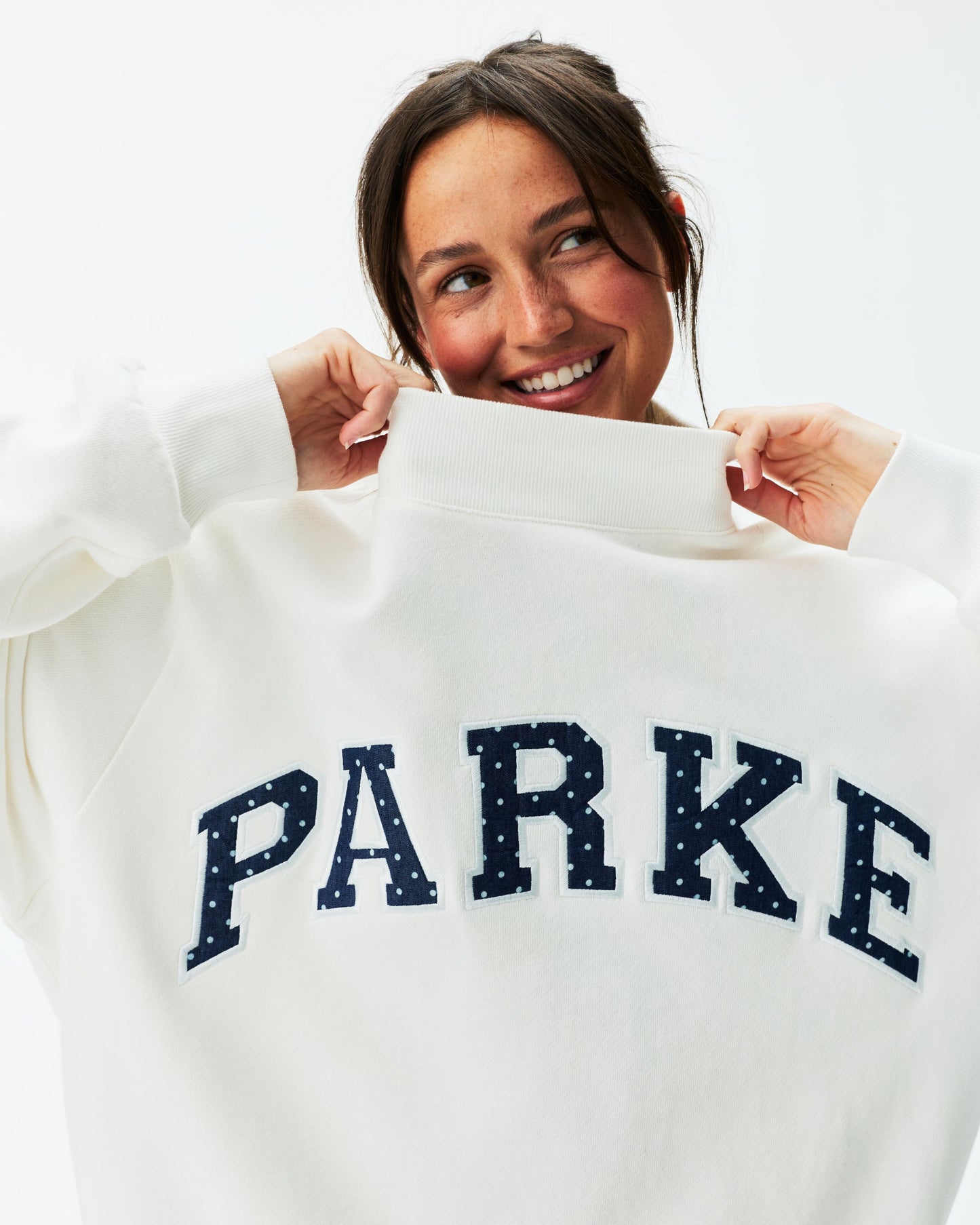 Preorder Polka Dot Letter Varsity Mockneck - White