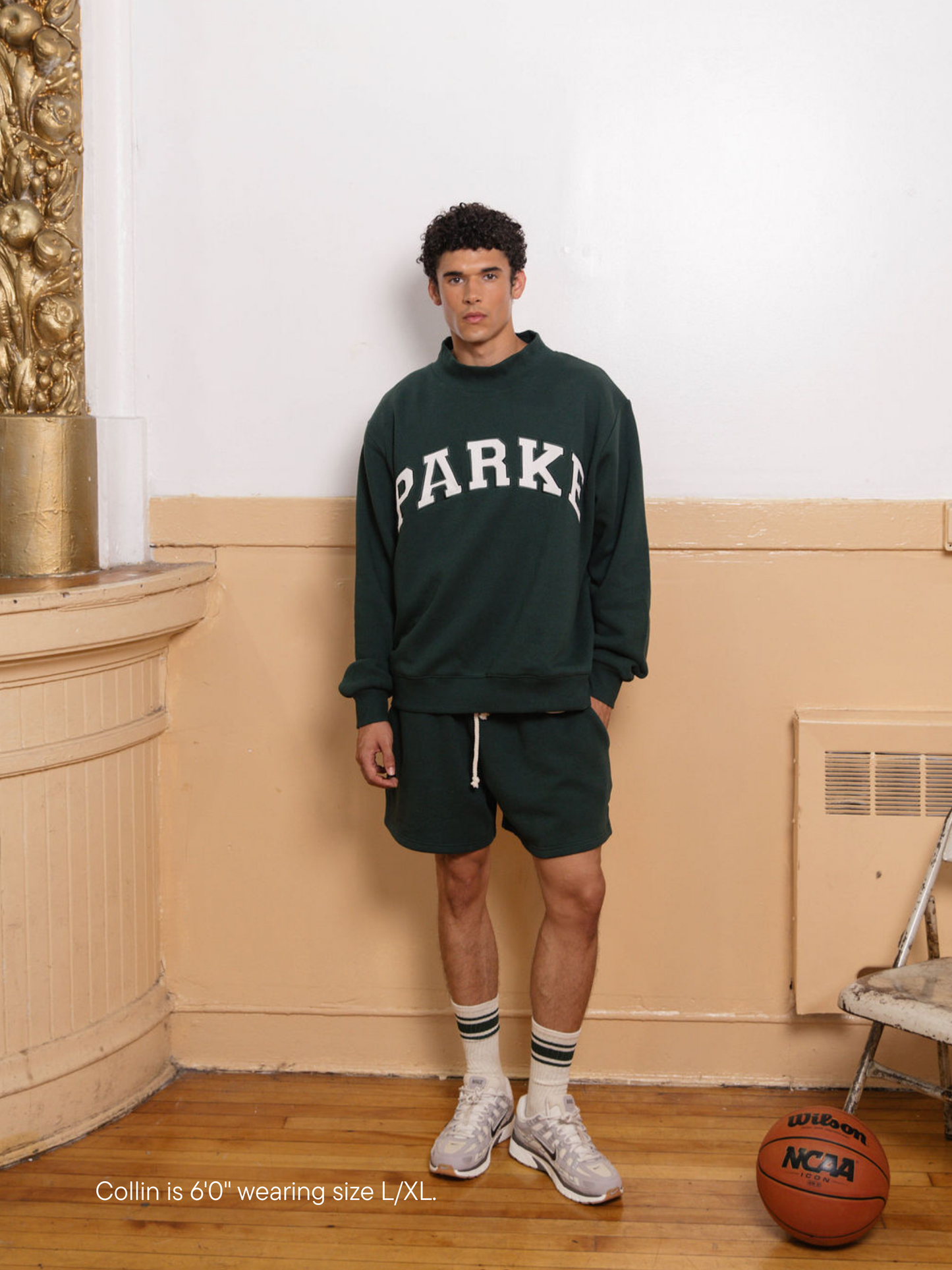 girl wearing lounge sweatshorts -forest