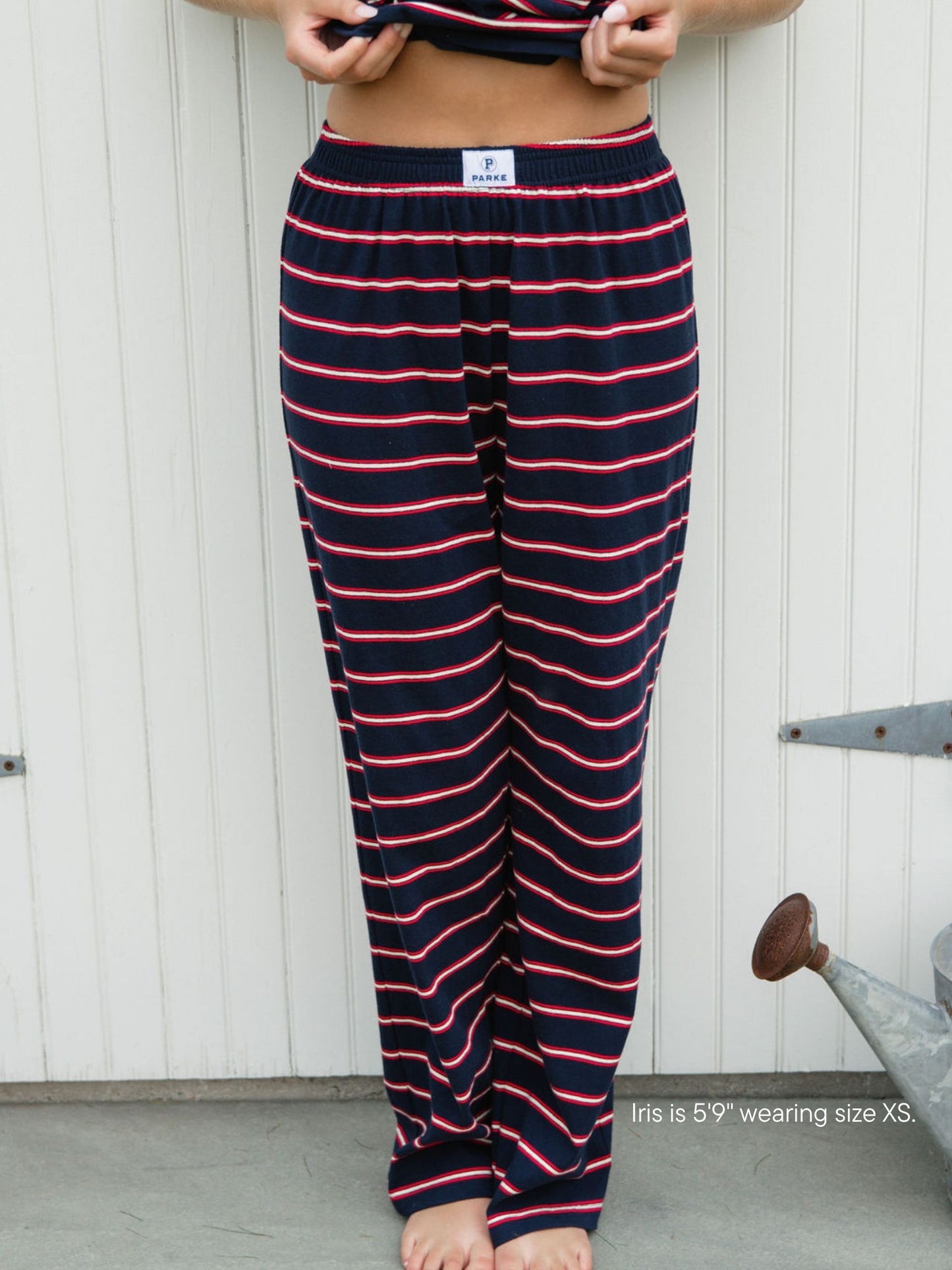 girl wearing cotton boxer pant -navy stripe