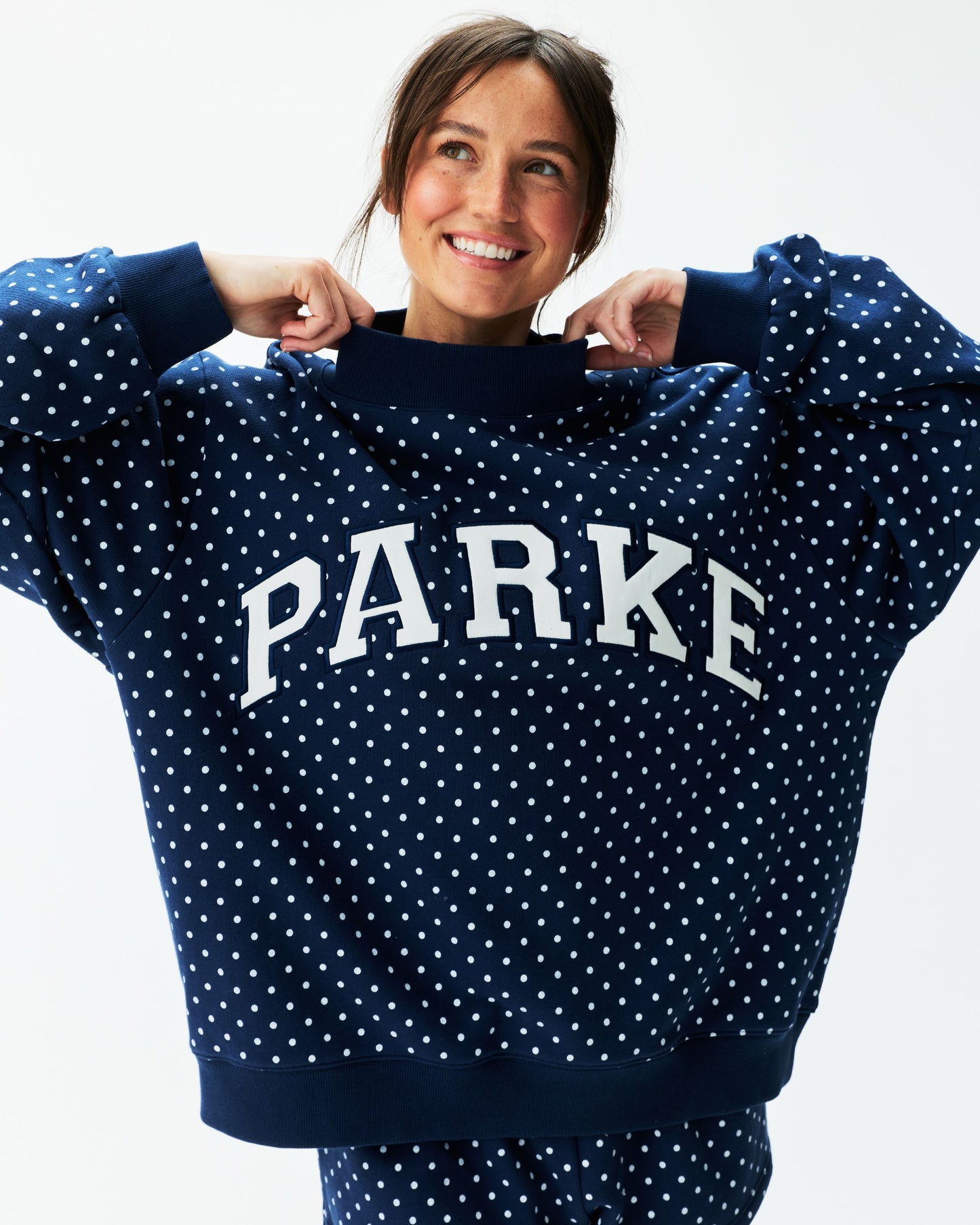 Preorder Polka Dot Varsity Mockneck - Denim Polka Dot