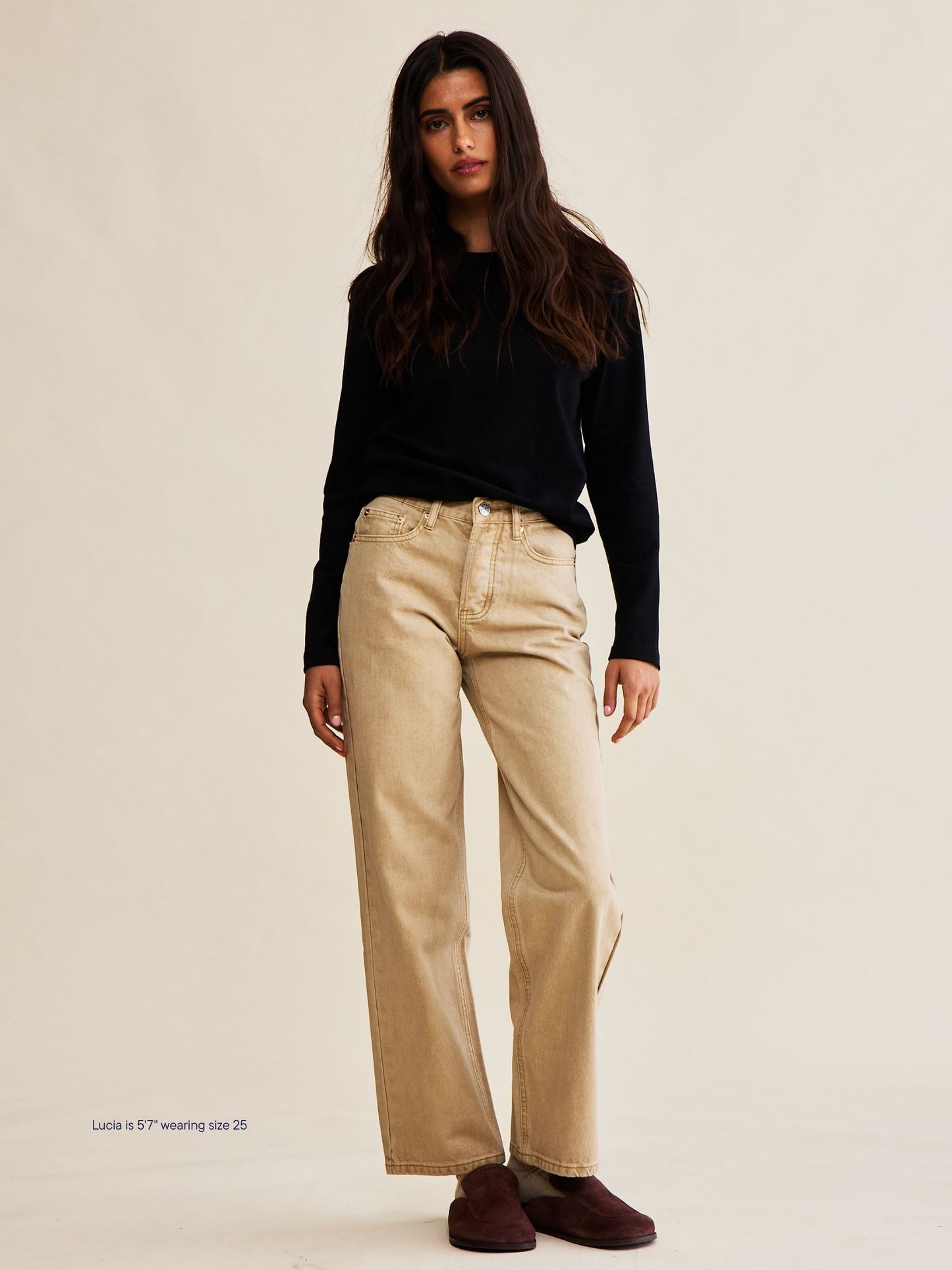 girl wearing classic straight jeans -camel