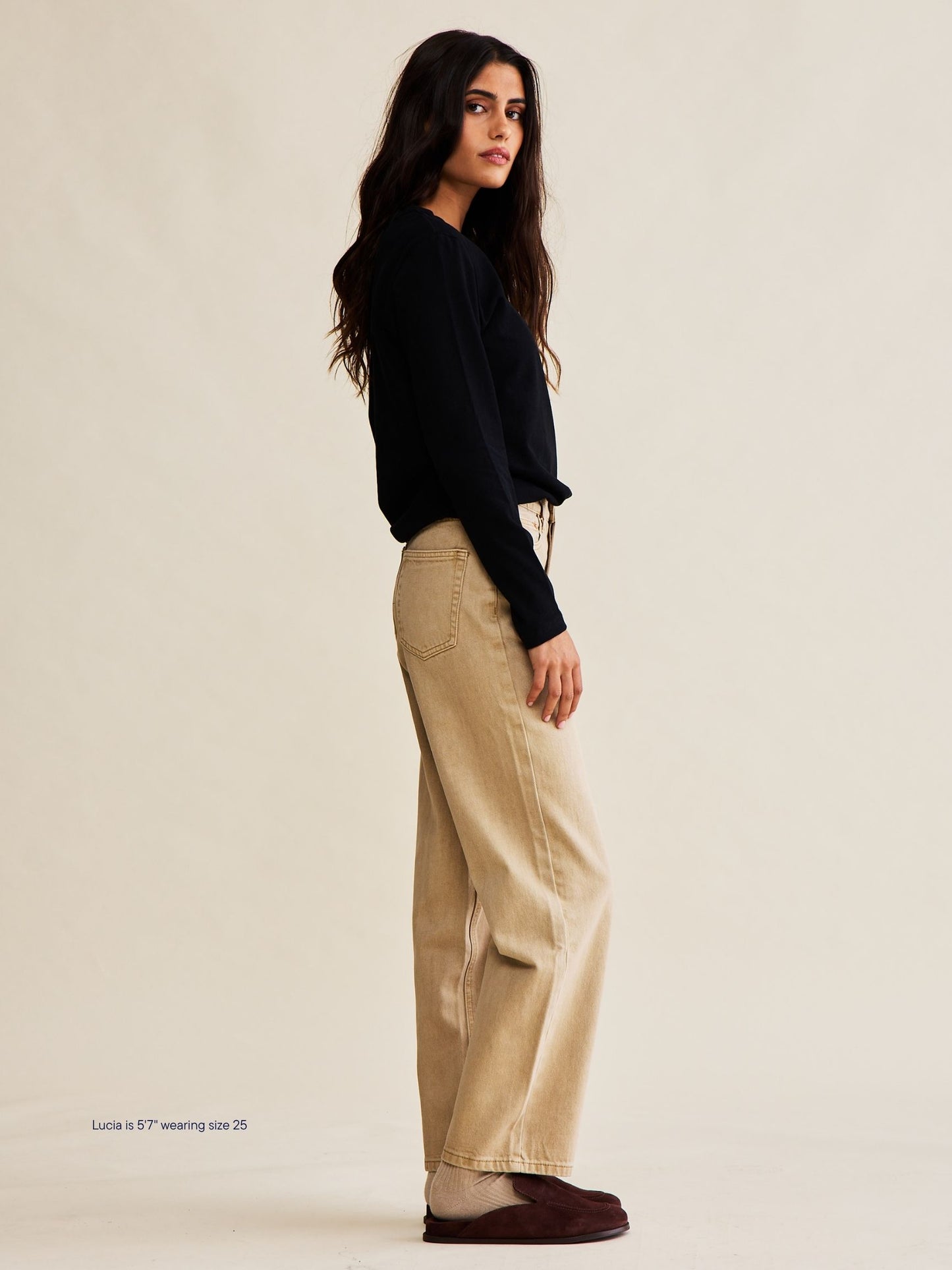 girl wearing classic straight jeans -camel
