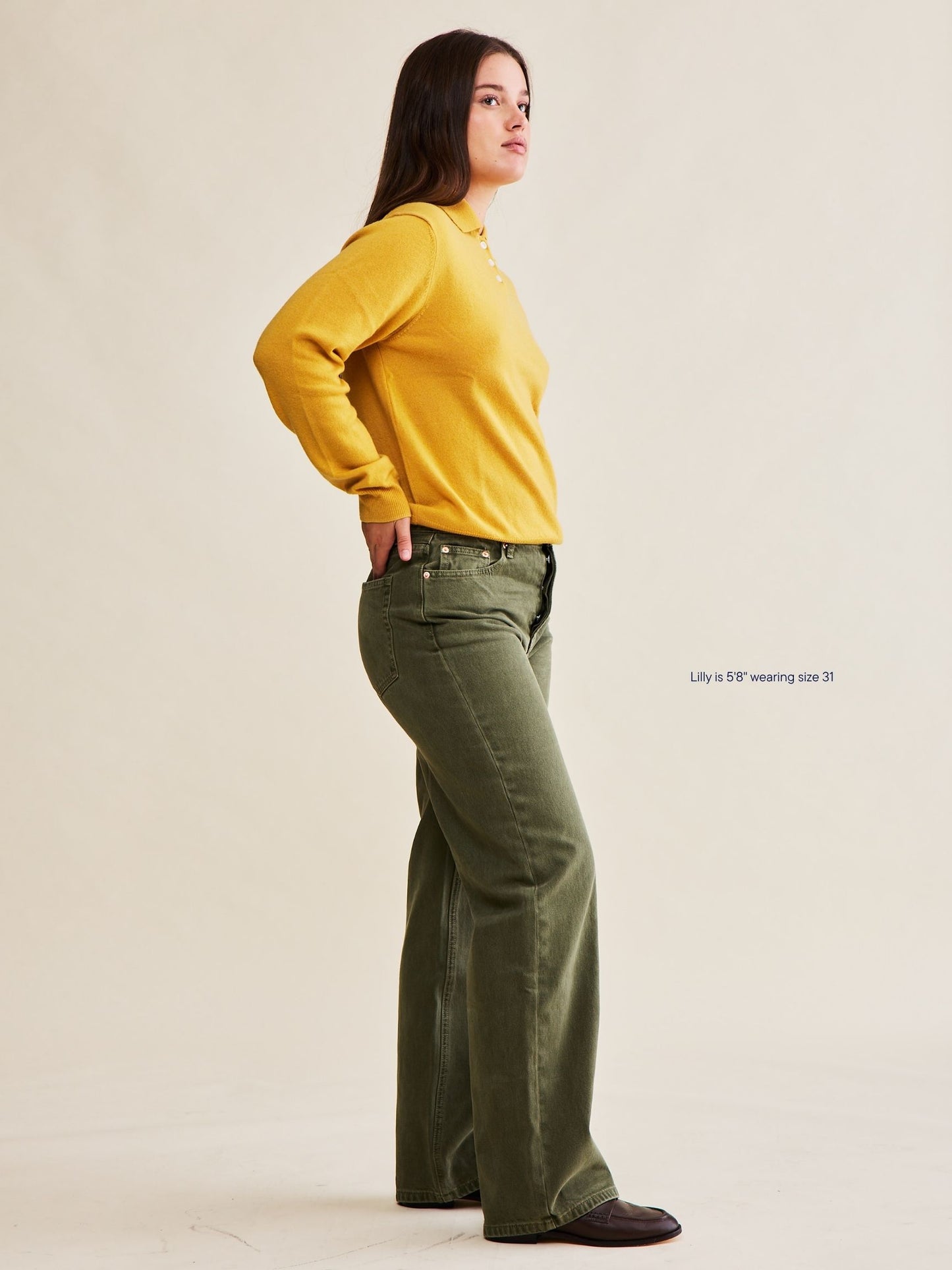 girl wearing classic straight jeans -olive